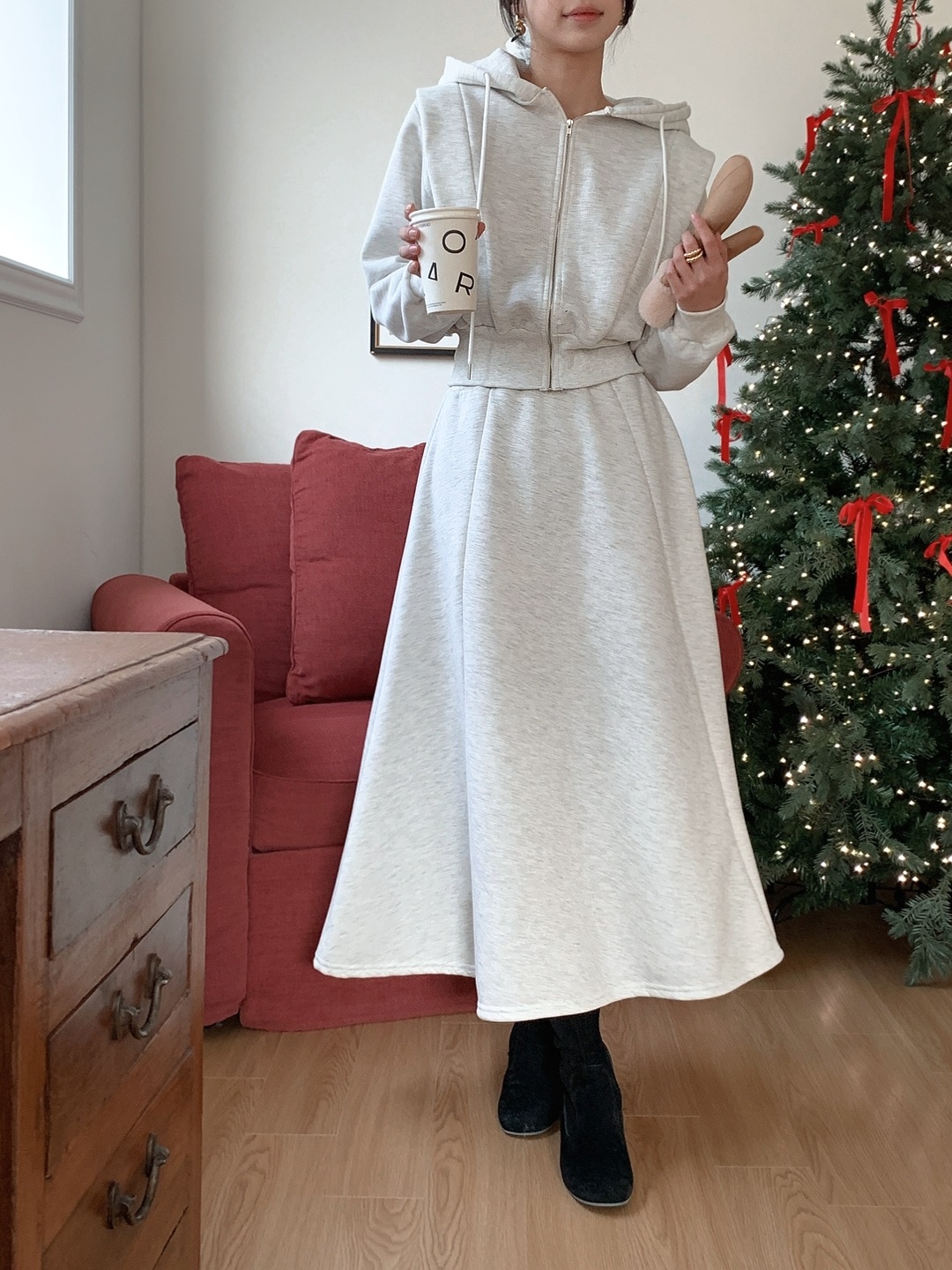 裏起毛ジップアップフードウエストゴムロングフレアセットアップ | 詳細画像6