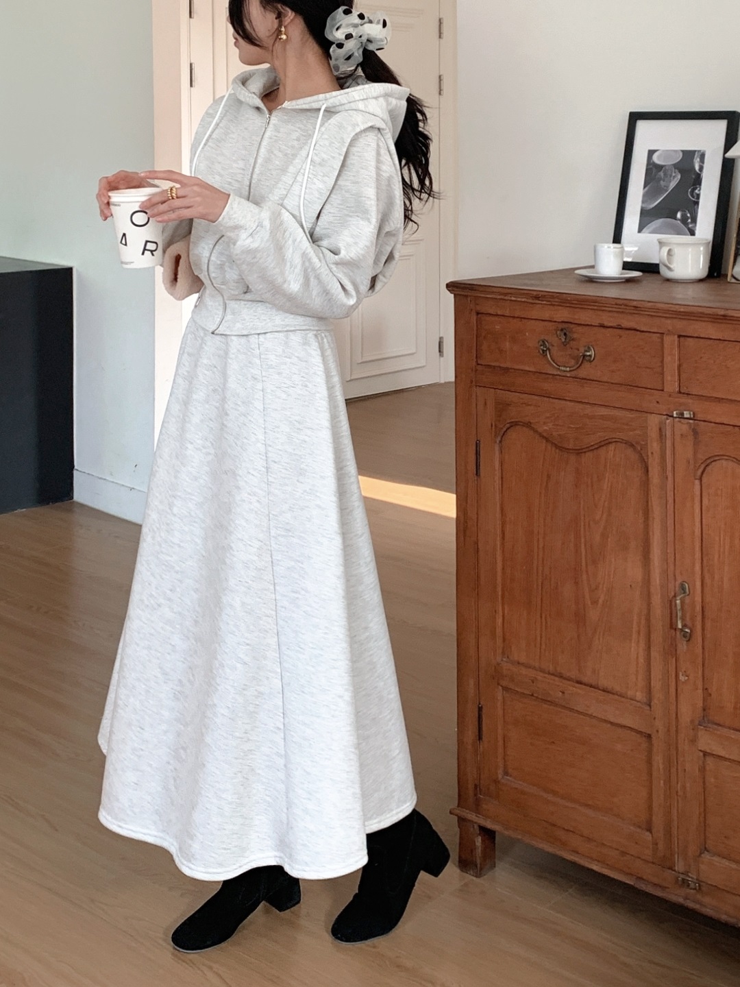 裏起毛ジップアップフードウエストゴムロングフレアセットアップ | 詳細画像11