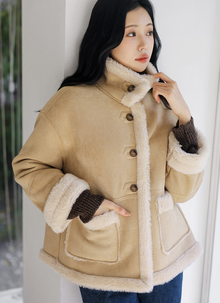 ファー裏地スエード調ハイネックハーフジャケット | レディース