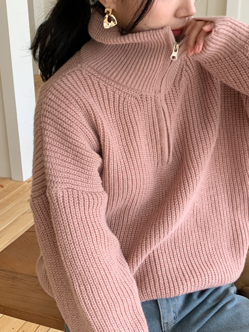 カラーハーフジップルーズ長袖ニット | 詳細画像2