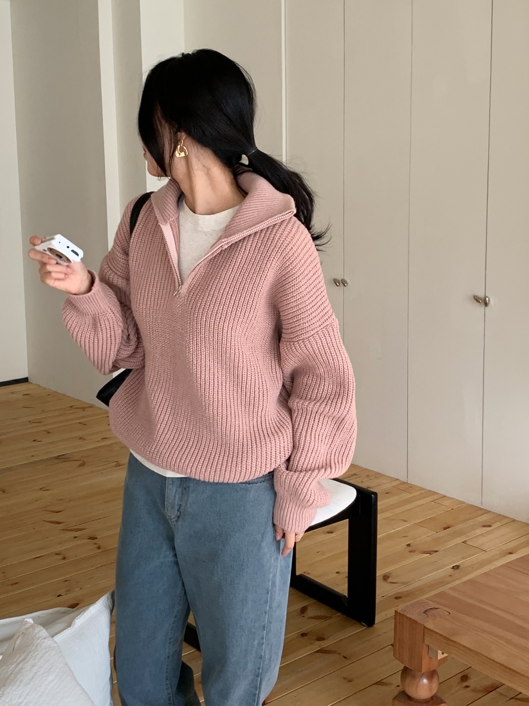 カラーハーフジップルーズ長袖ニット | 詳細画像7