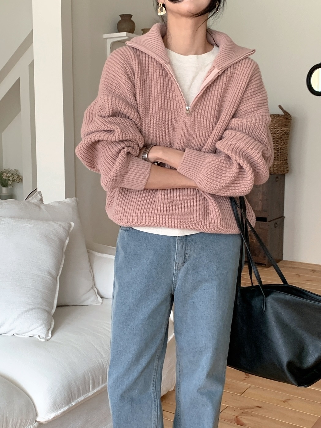 カラーハーフジップルーズ長袖ニット | 詳細画像9