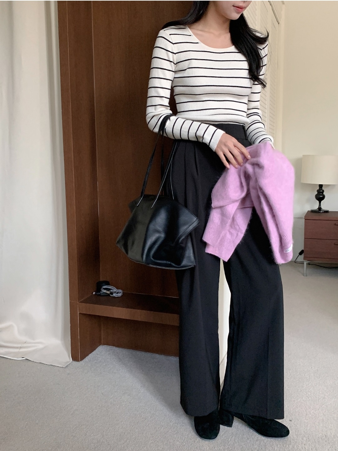 リブストレッチラウンドネックスリム長袖ボーダーニット | 詳細画像3