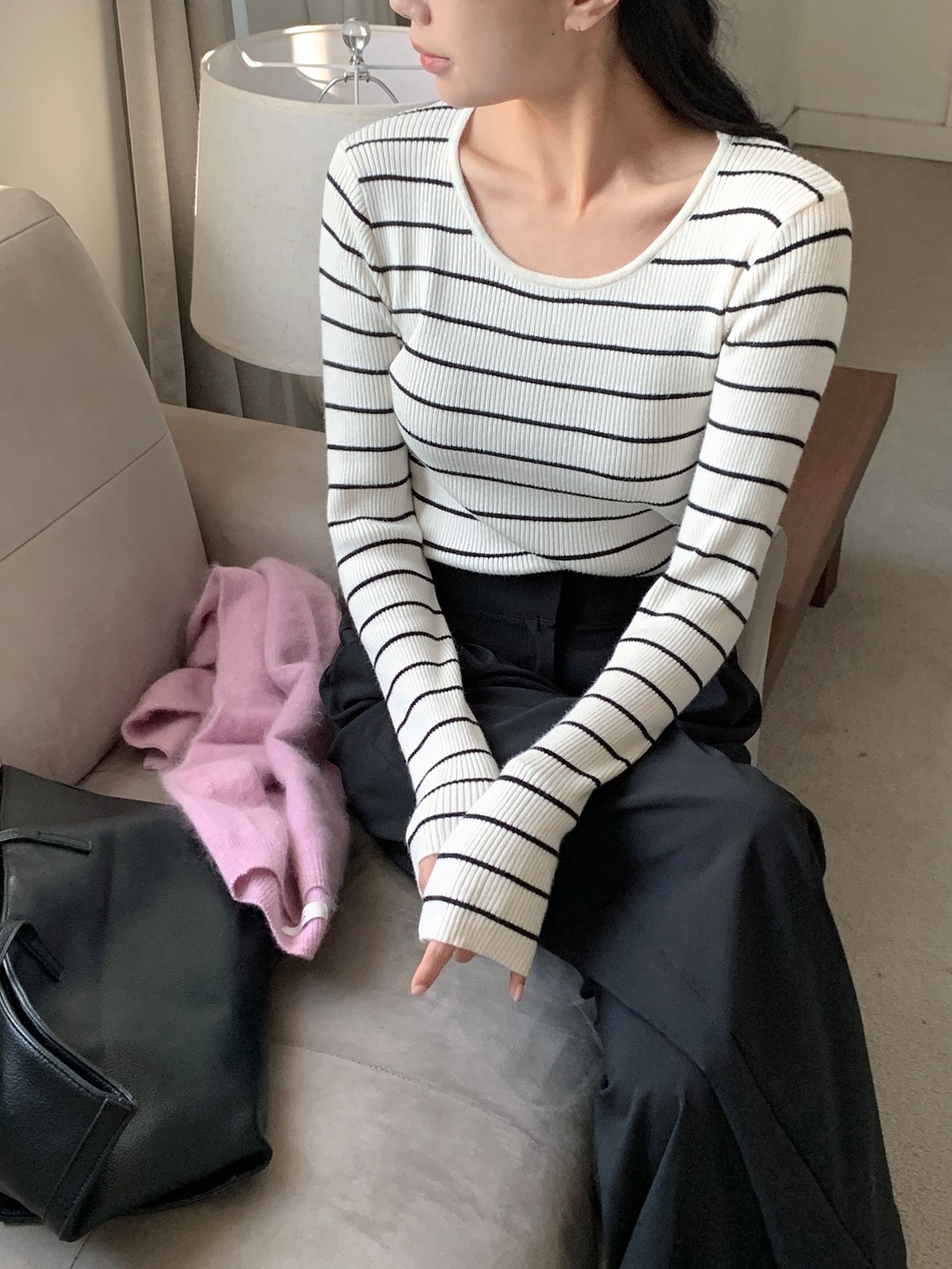 リブストレッチラウンドネックスリム長袖ボーダーニット | 詳細画像4