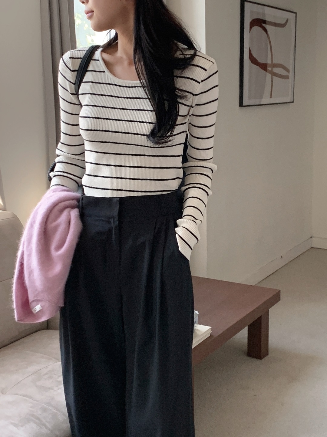 リブストレッチラウンドネックスリム長袖ボーダーニット | 詳細画像5