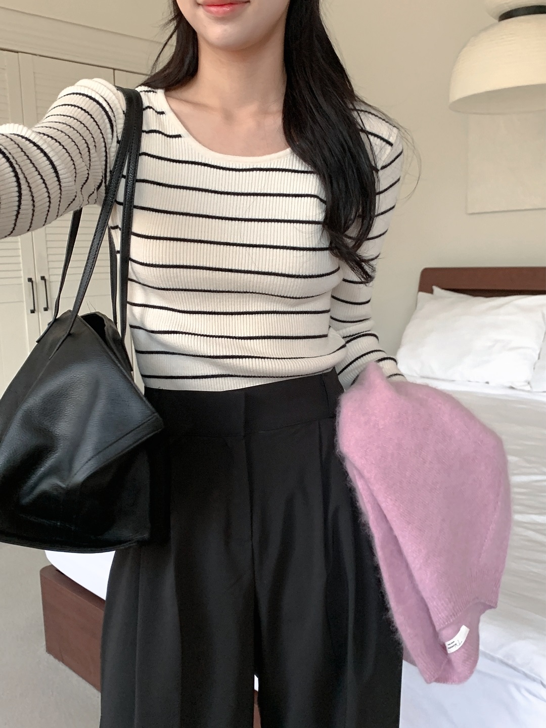 リブストレッチラウンドネックスリム長袖ボーダーニット | 詳細画像6