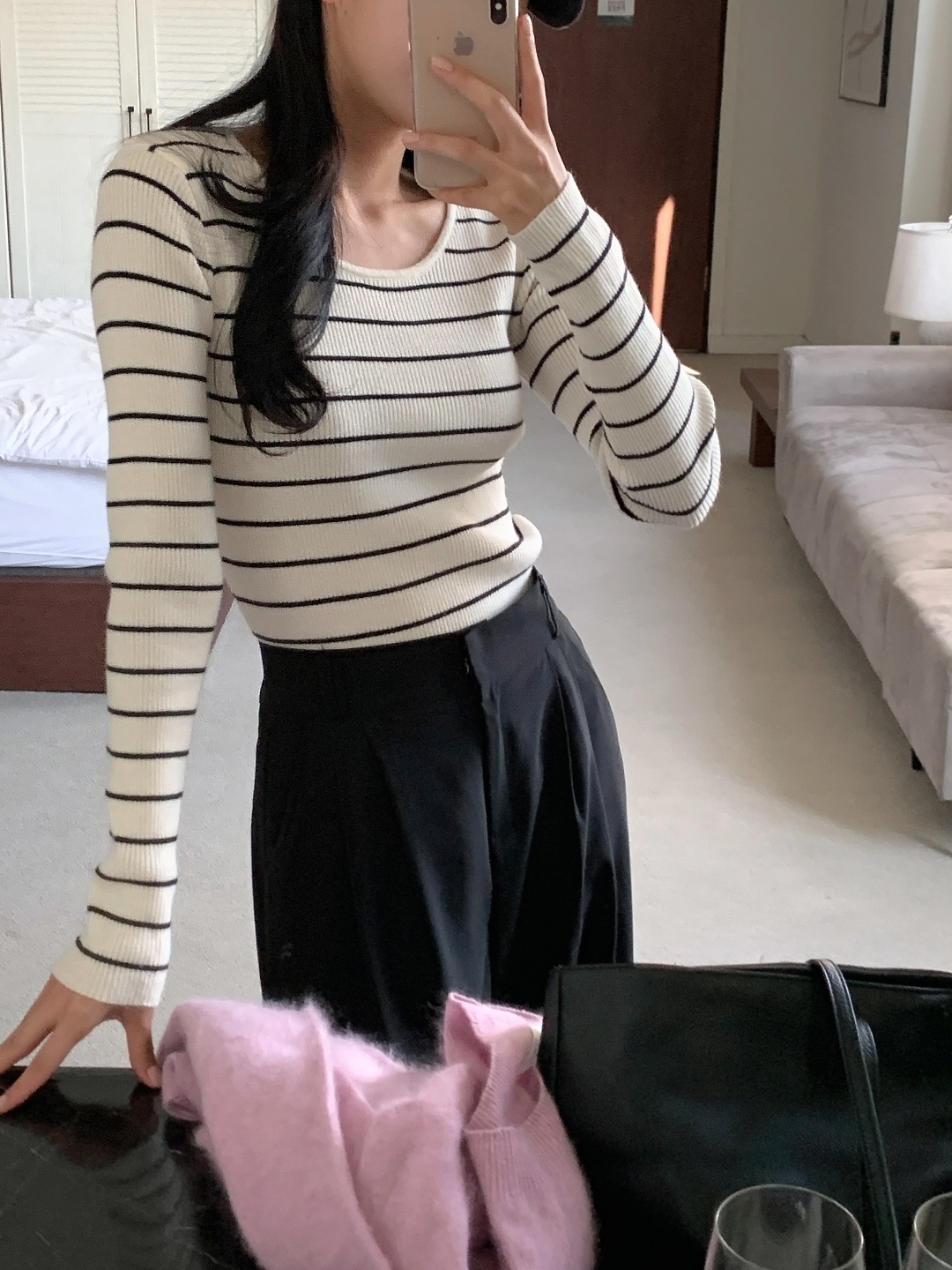 リブストレッチラウンドネックスリム長袖ボーダーニット | 詳細画像8