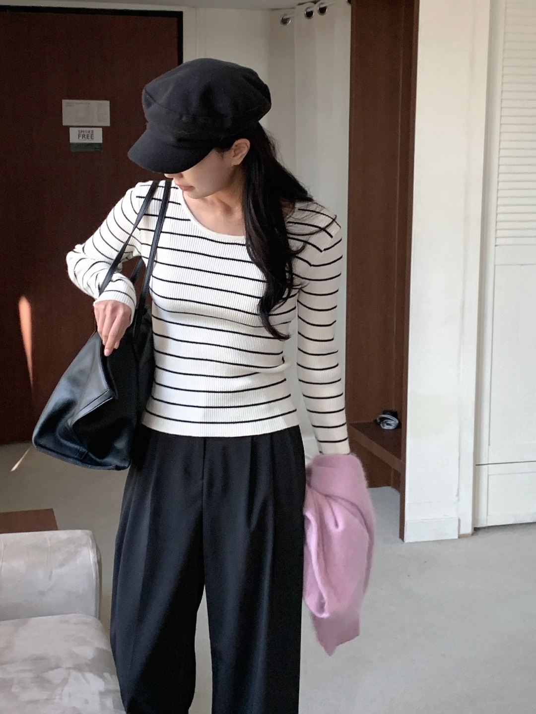 リブストレッチラウンドネックスリム長袖ボーダーニット | 詳細画像9