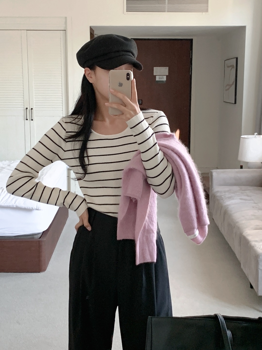 リブストレッチラウンドネックスリム長袖ボーダーニット | 詳細画像10