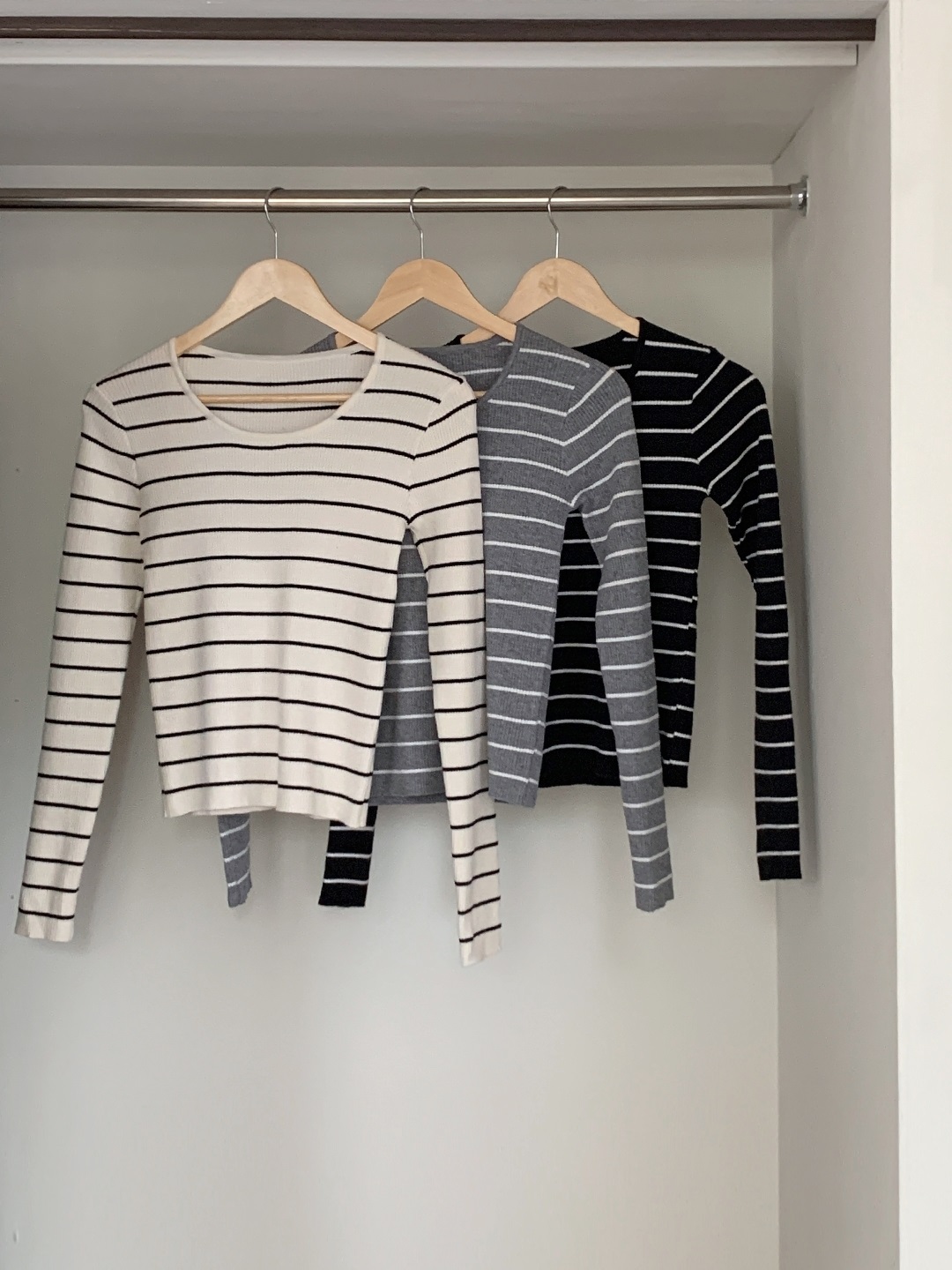 リブストレッチラウンドネックスリム長袖ボーダーニット | 詳細画像11