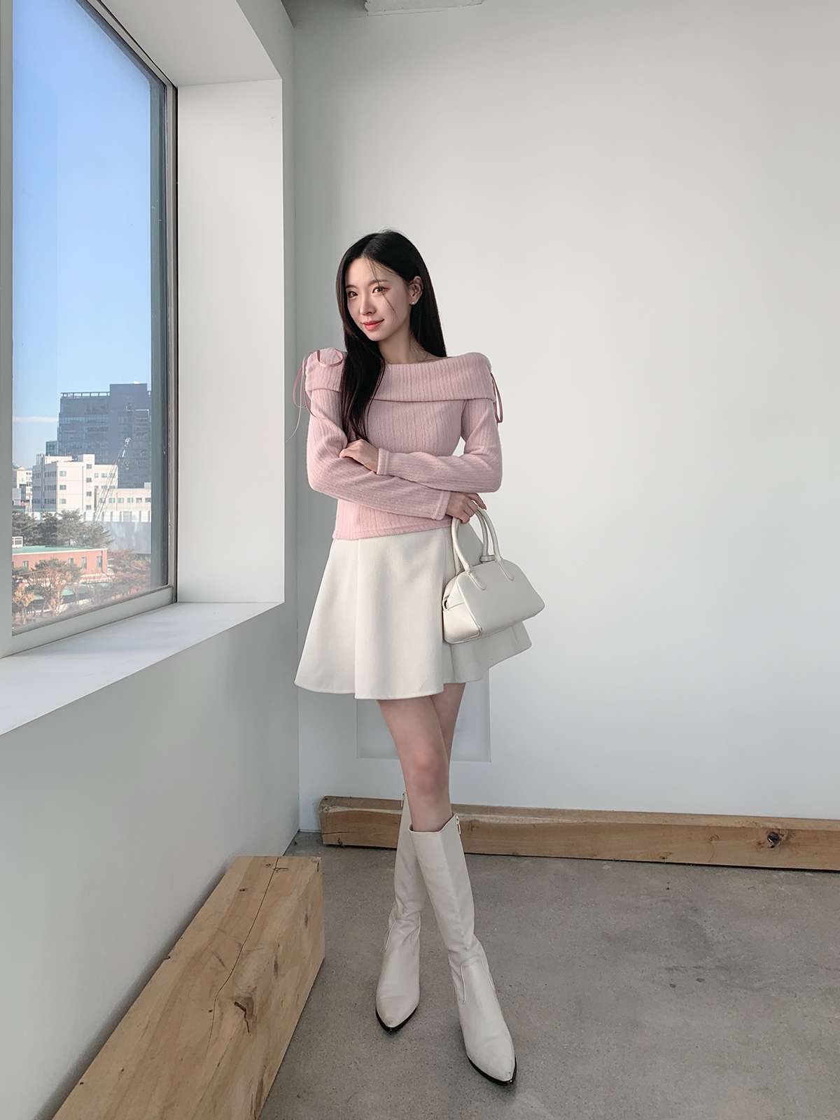 ストレッチオフショルダースリム長袖リボン柄ニット | 詳細画像4