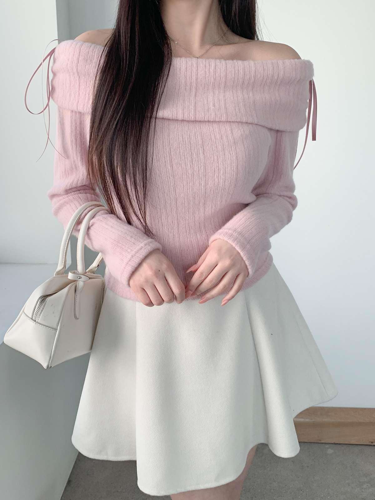 ストレッチオフショルダースリム長袖リボン柄ニット | 詳細画像5