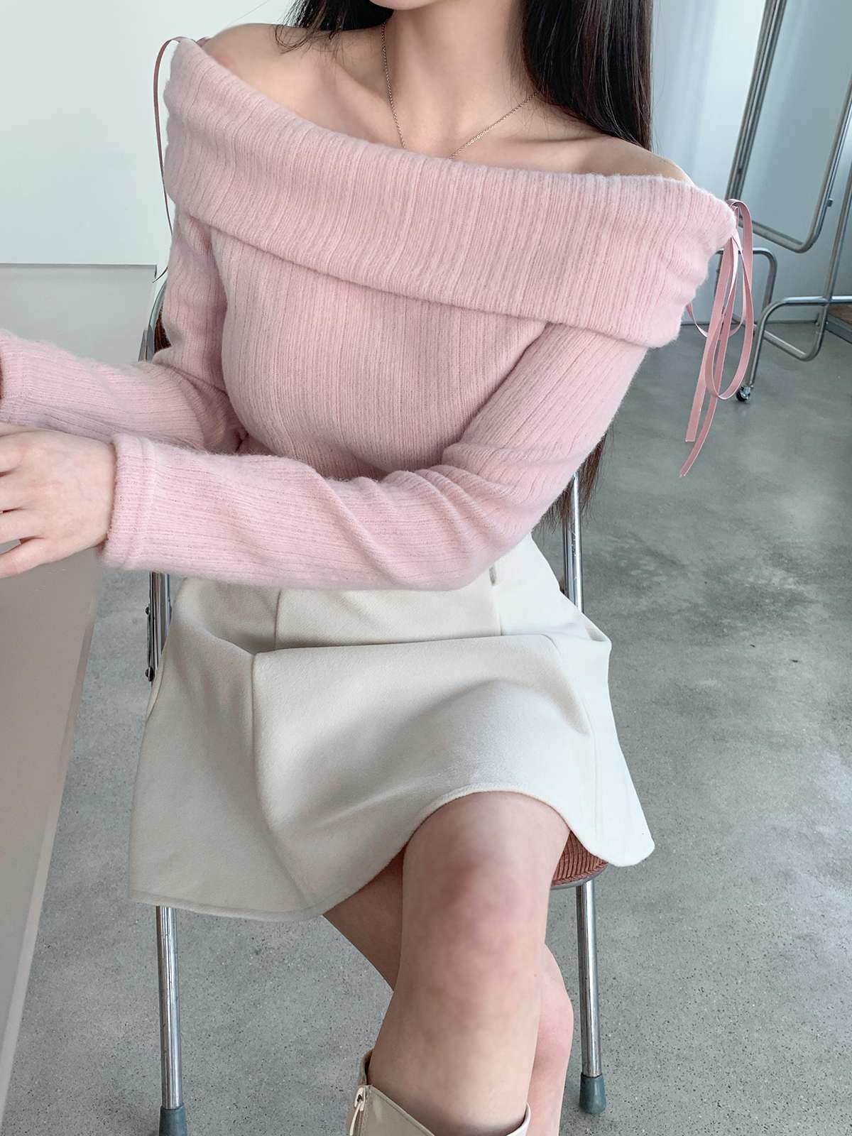 ストレッチオフショルダースリム長袖リボン柄ニット | 詳細画像8