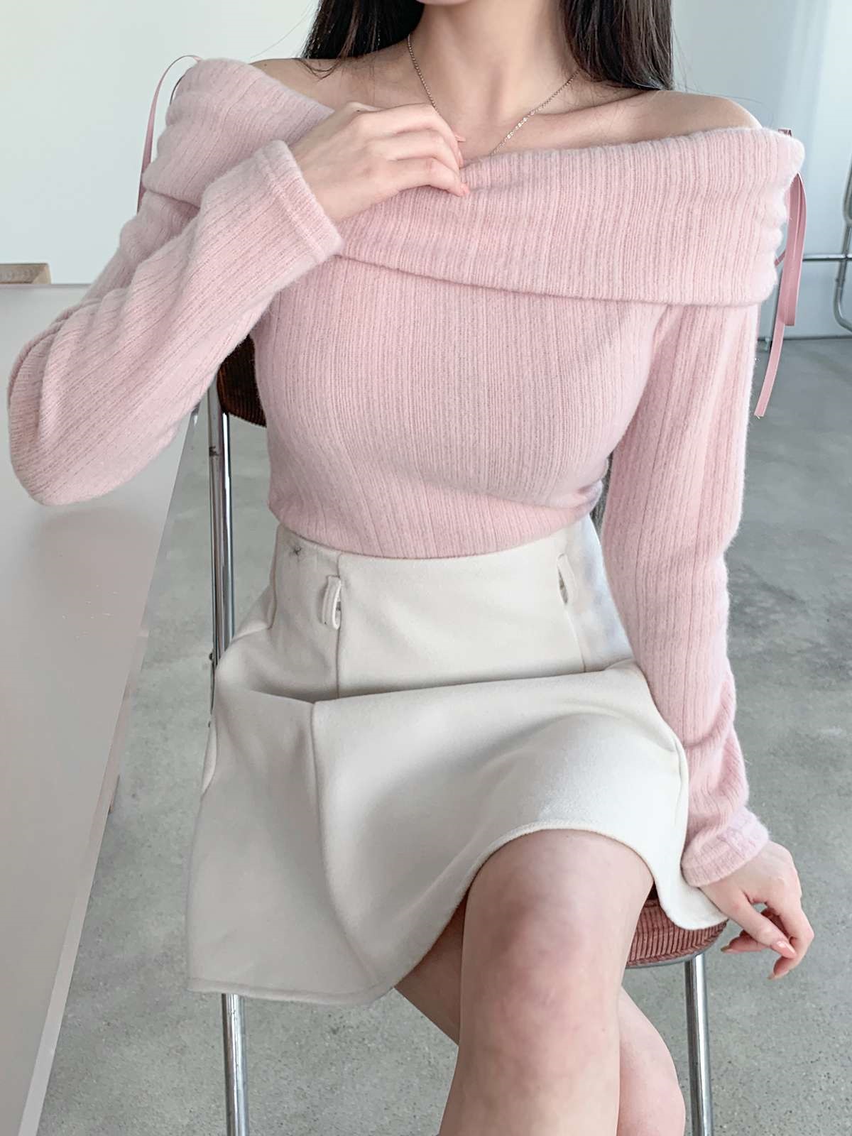 ストレッチオフショルダースリム長袖リボン柄ニット | 詳細画像9