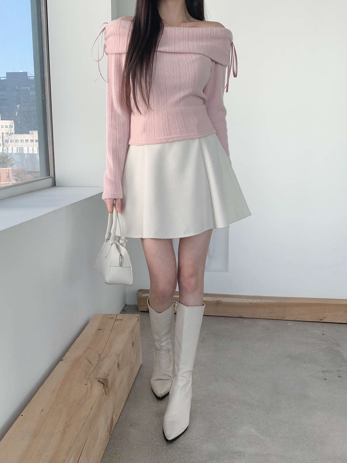 ストレッチオフショルダースリム長袖リボン柄ニット | 詳細画像12