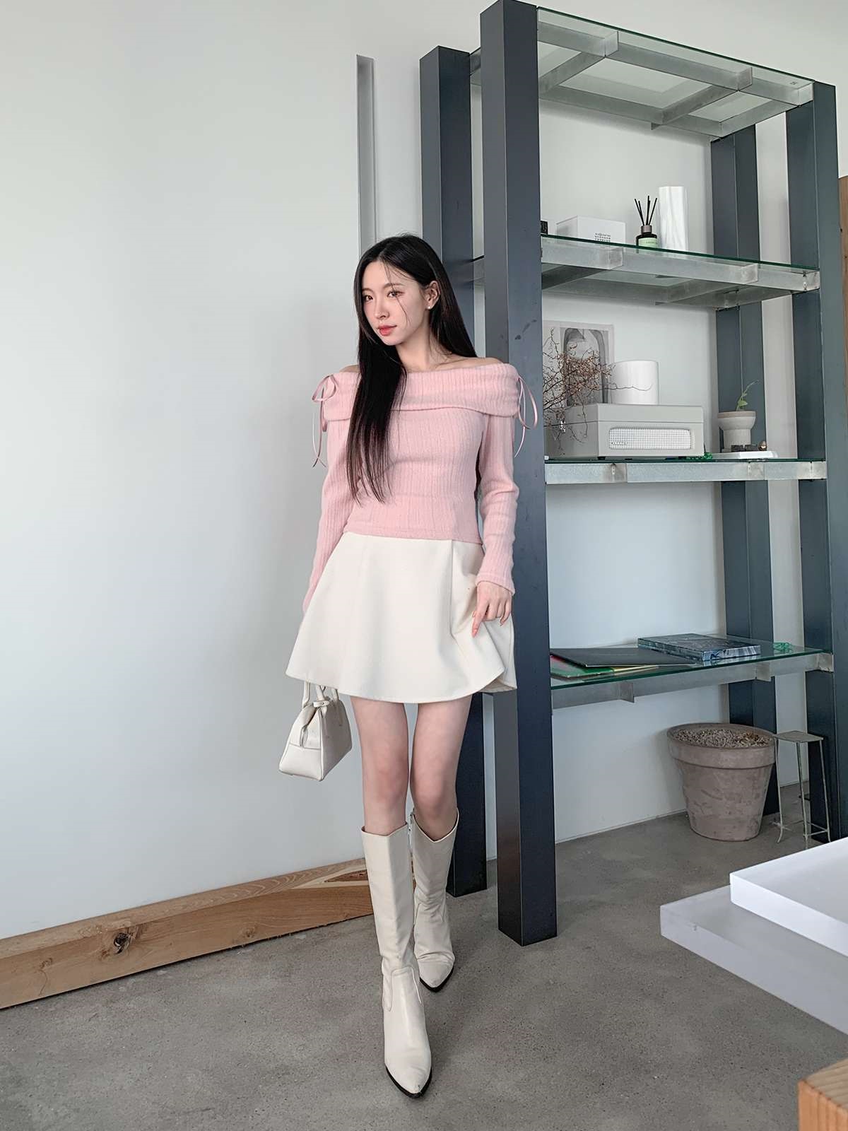 ストレッチオフショルダースリム長袖リボン柄ニット | 詳細画像13