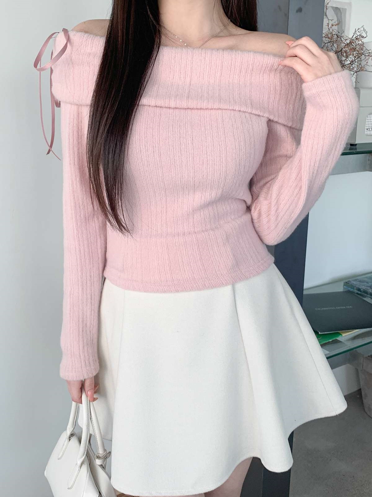 ストレッチオフショルダースリム長袖リボン柄ニット | 詳細画像14