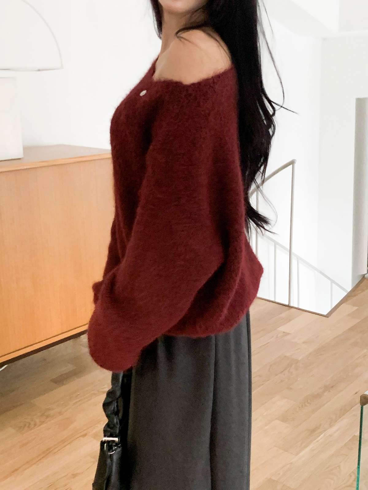 ソフトウール混モヘア混オフショルダーワンショルダールーズ長袖ニット | 詳細画像4