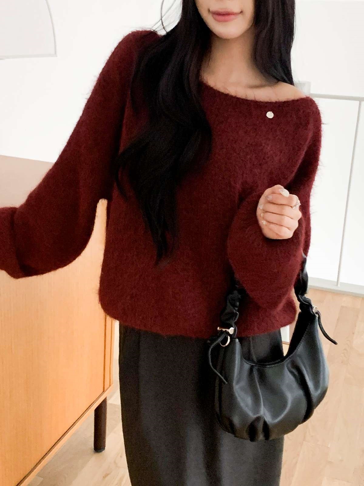 ソフトウール混モヘア混オフショルダーワンショルダールーズ長袖ニット | 詳細画像6