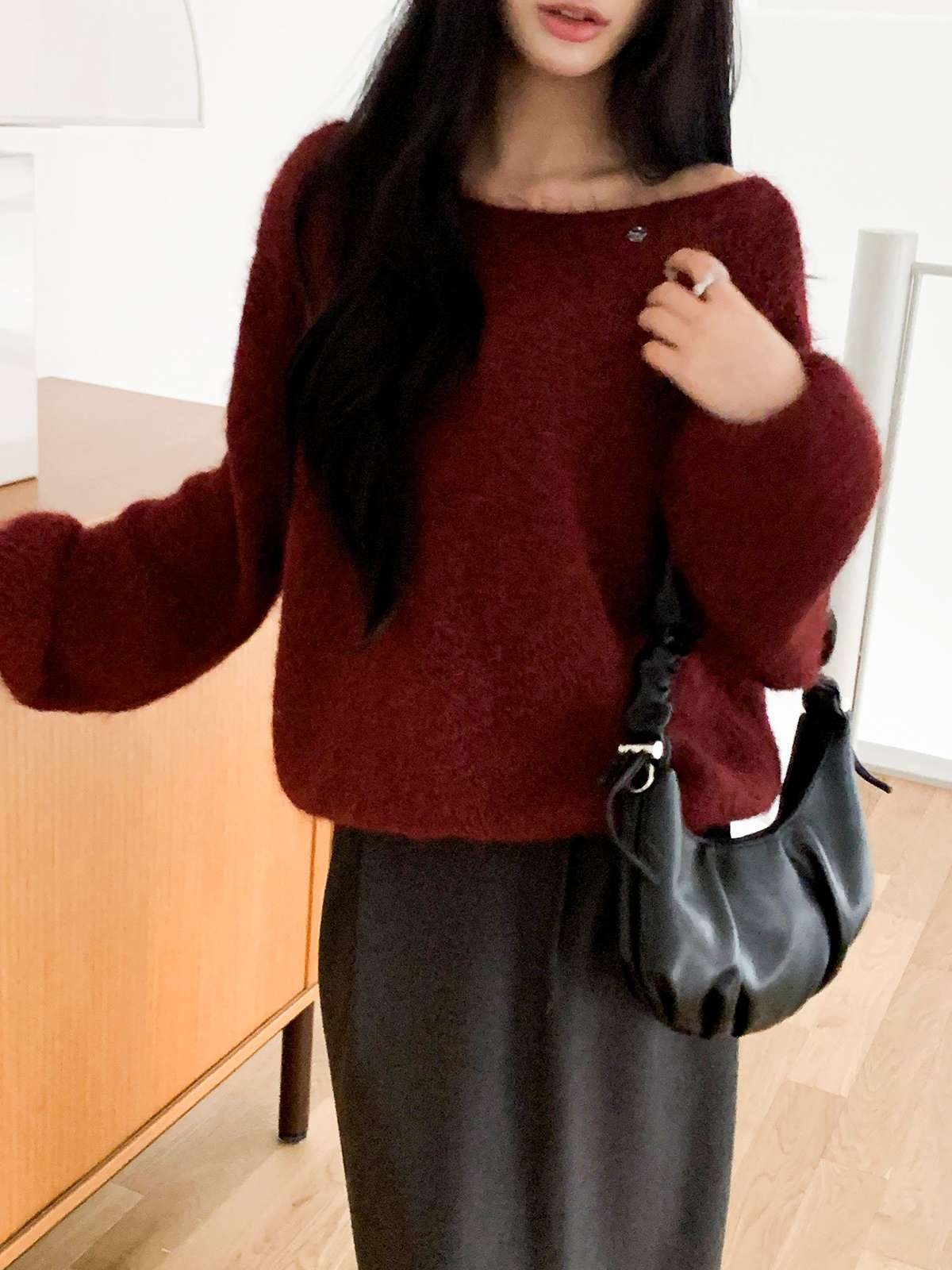 ソフトウール混モヘア混オフショルダーワンショルダールーズ長袖ニット | 詳細画像7