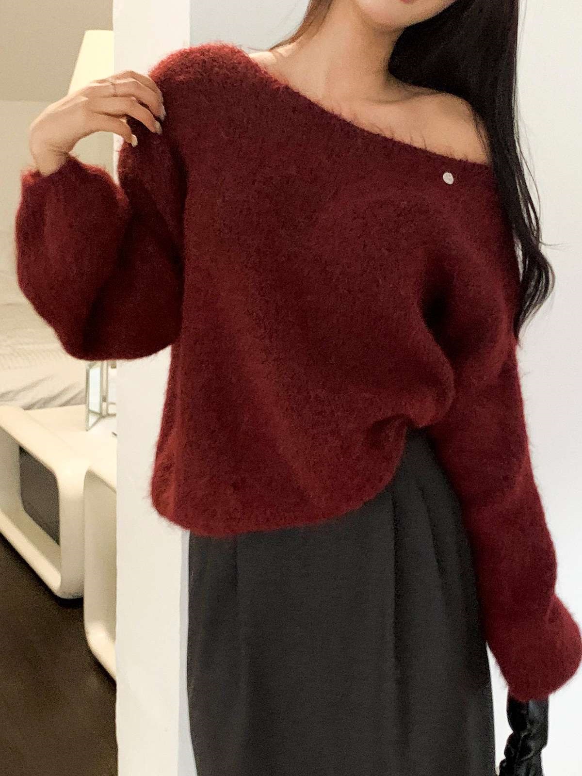 ソフトウール混モヘア混オフショルダーワンショルダールーズ長袖ニット | 詳細画像8