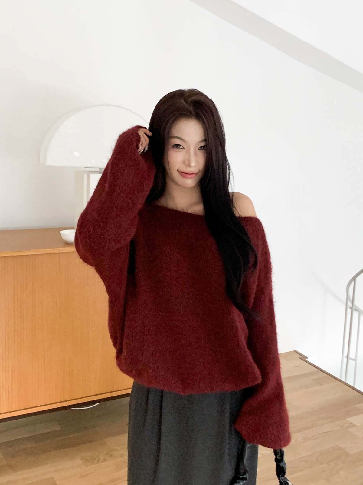 ソフトウール混モヘア混オフショルダーワンショルダールーズ長袖ニット | 詳細画像11