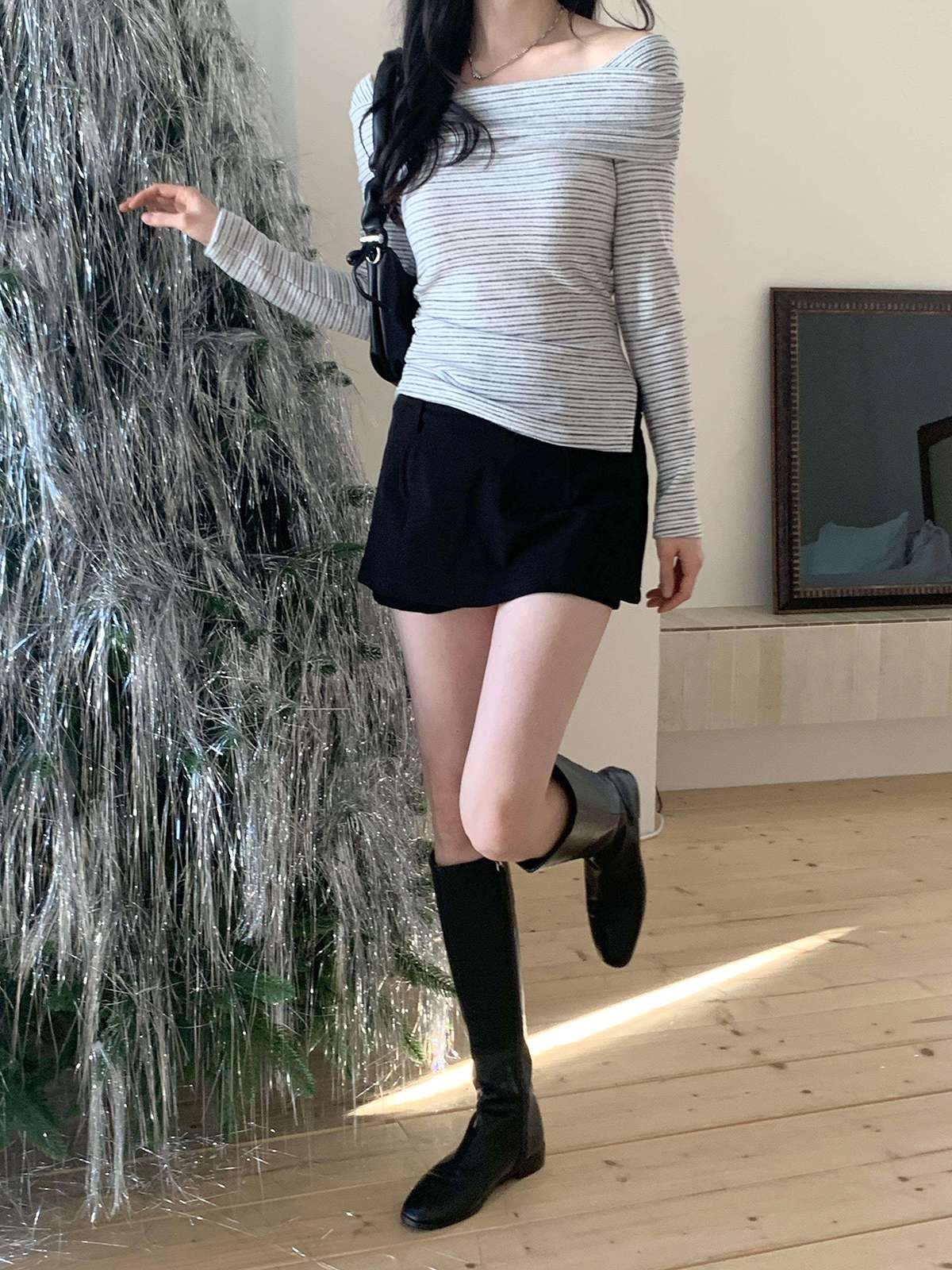 裏起毛オフショルダースリム長袖ボーダーニット | 詳細画像5