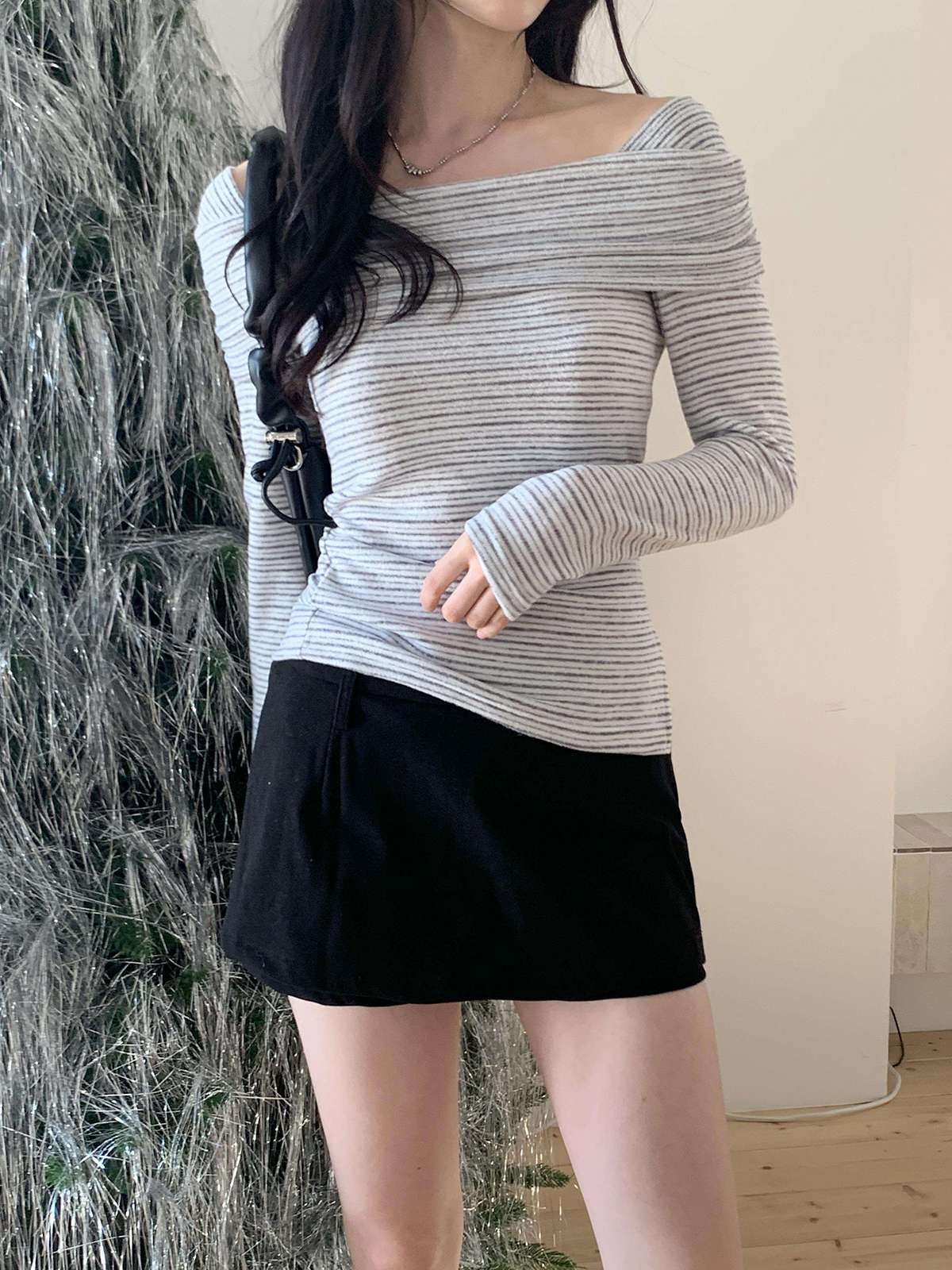 裏起毛オフショルダースリム長袖ボーダーニット | 詳細画像6