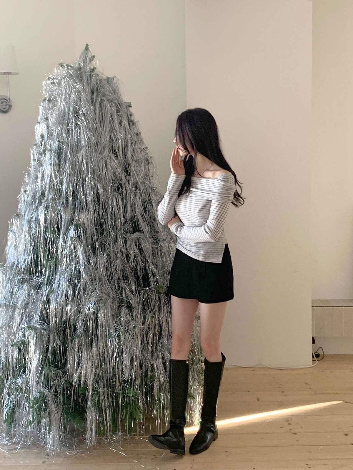 裏起毛オフショルダースリム長袖ボーダーニット | 詳細画像7