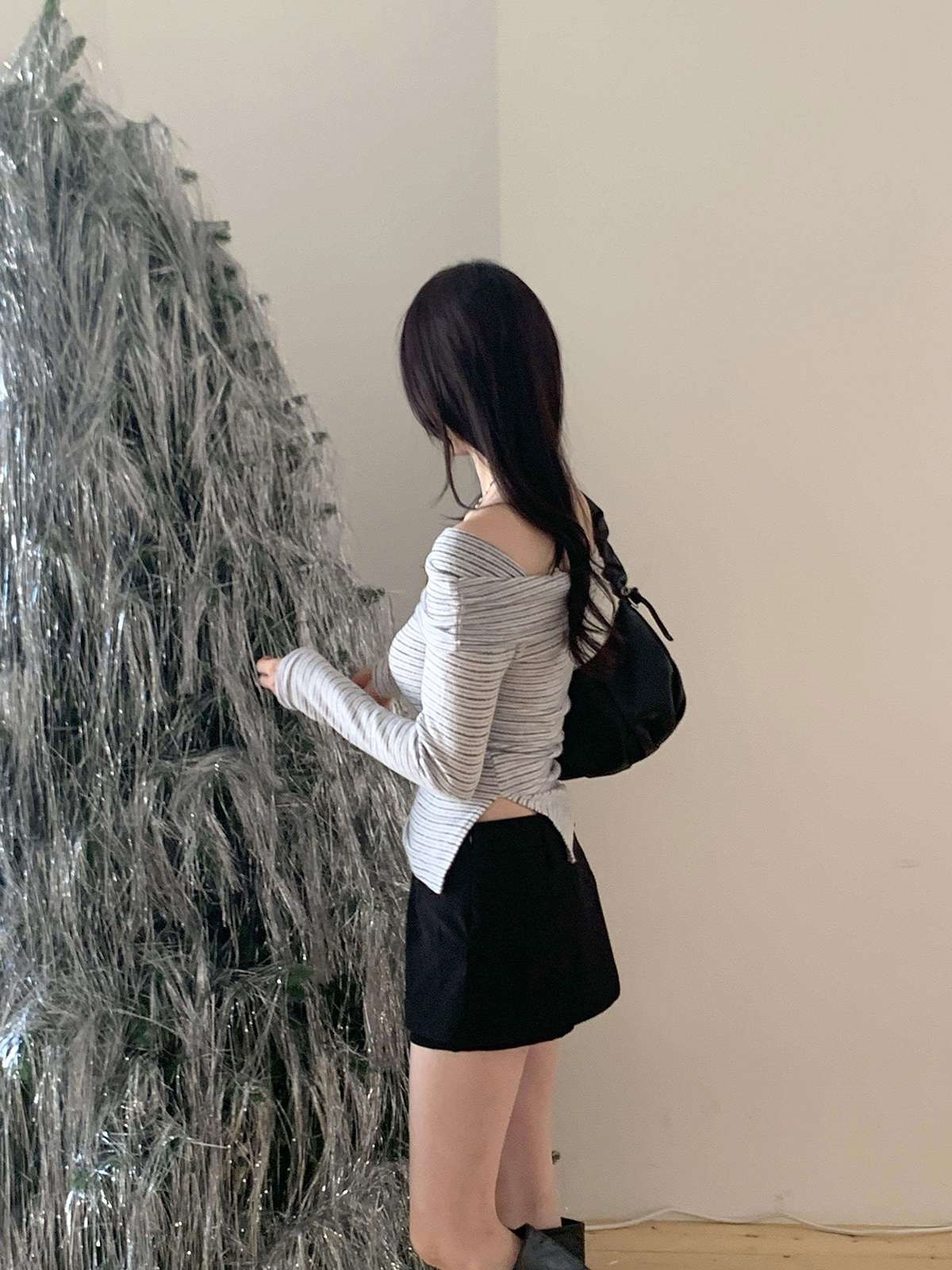 裏起毛オフショルダースリム長袖ボーダーニット | 詳細画像8