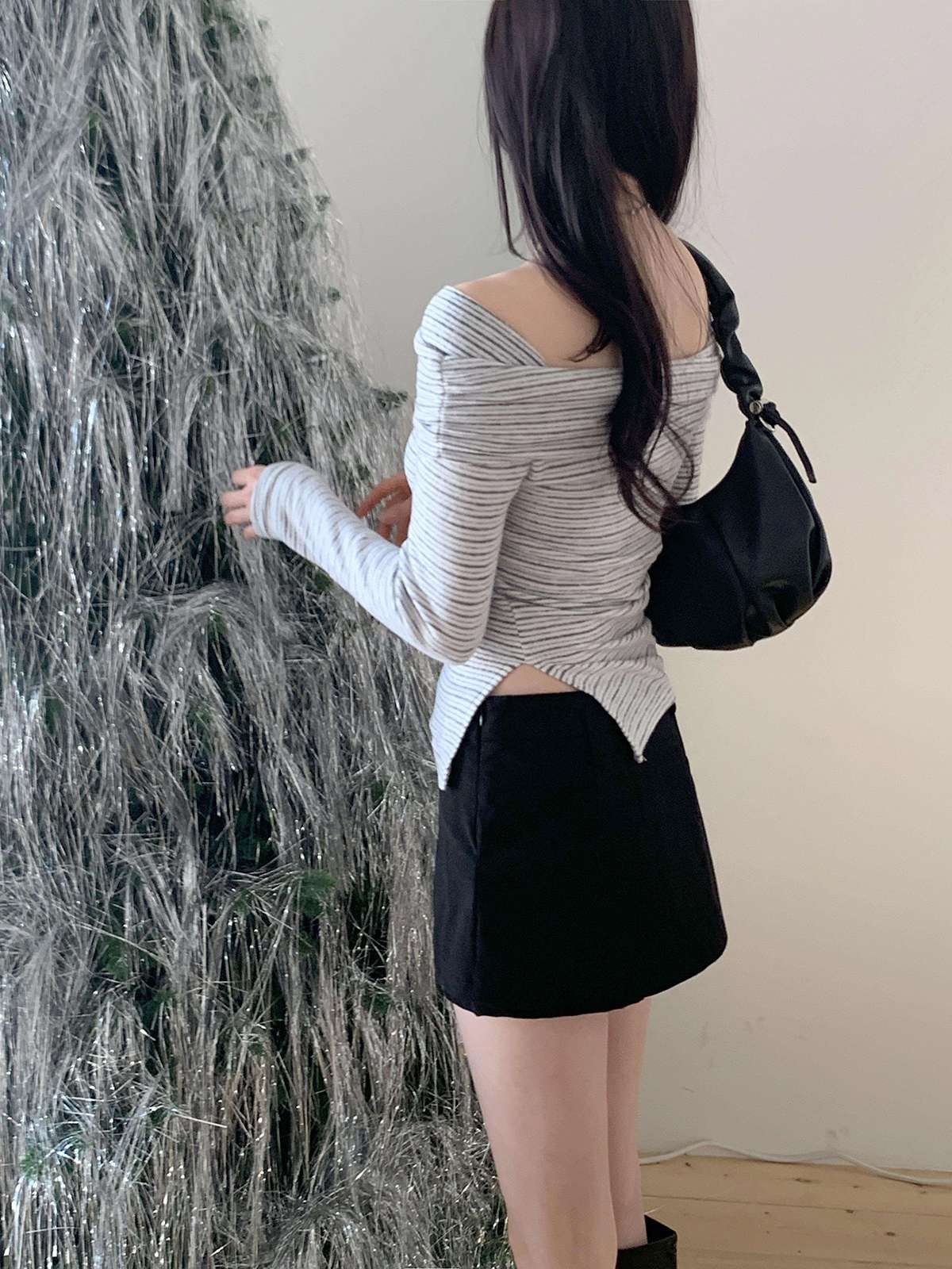 裏起毛オフショルダースリム長袖ボーダーニット | 詳細画像9