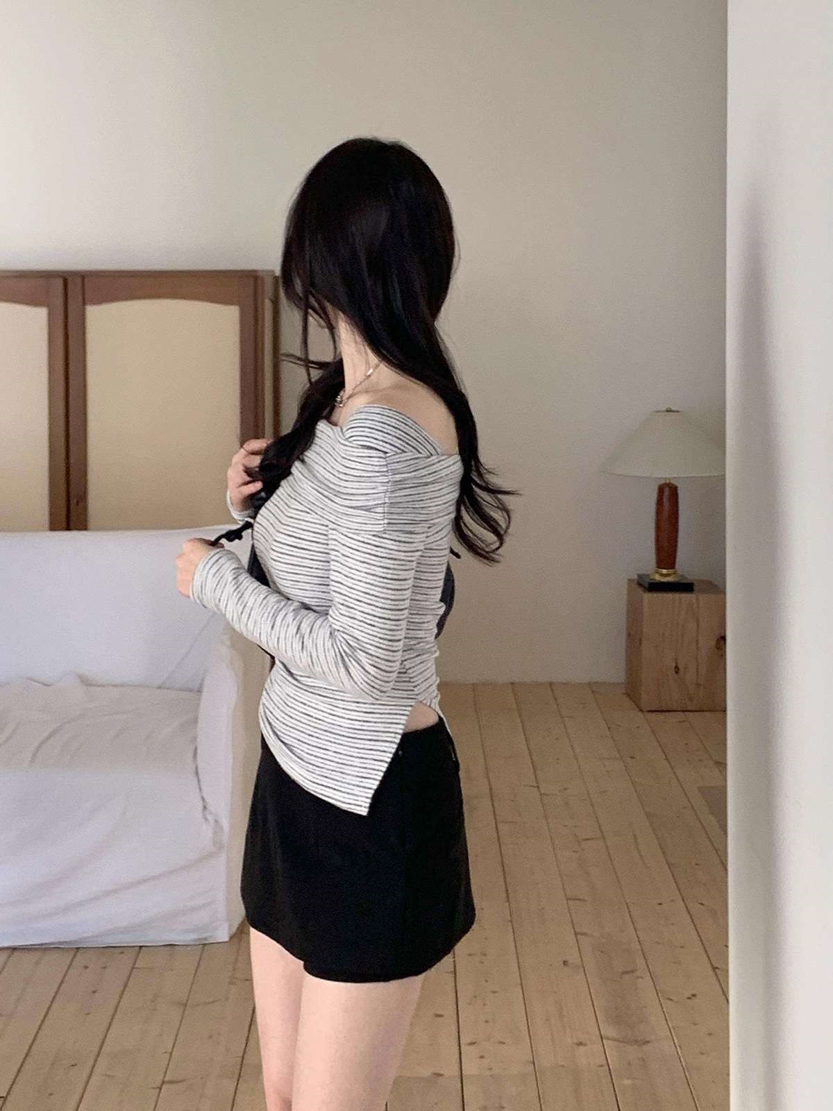 裏起毛オフショルダースリム長袖ボーダーニット | 詳細画像10