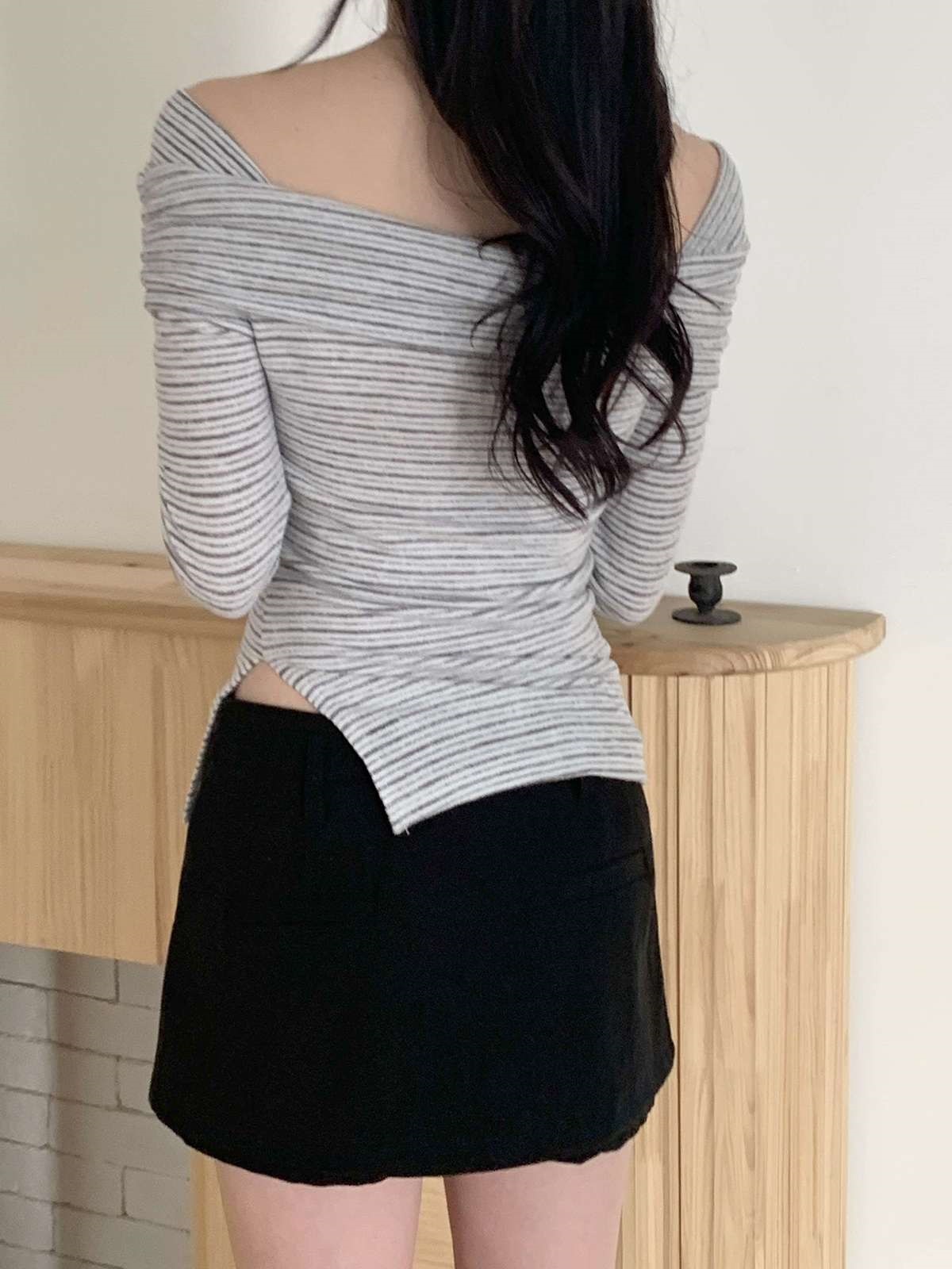 裏起毛オフショルダースリム長袖ボーダーニット | 詳細画像11