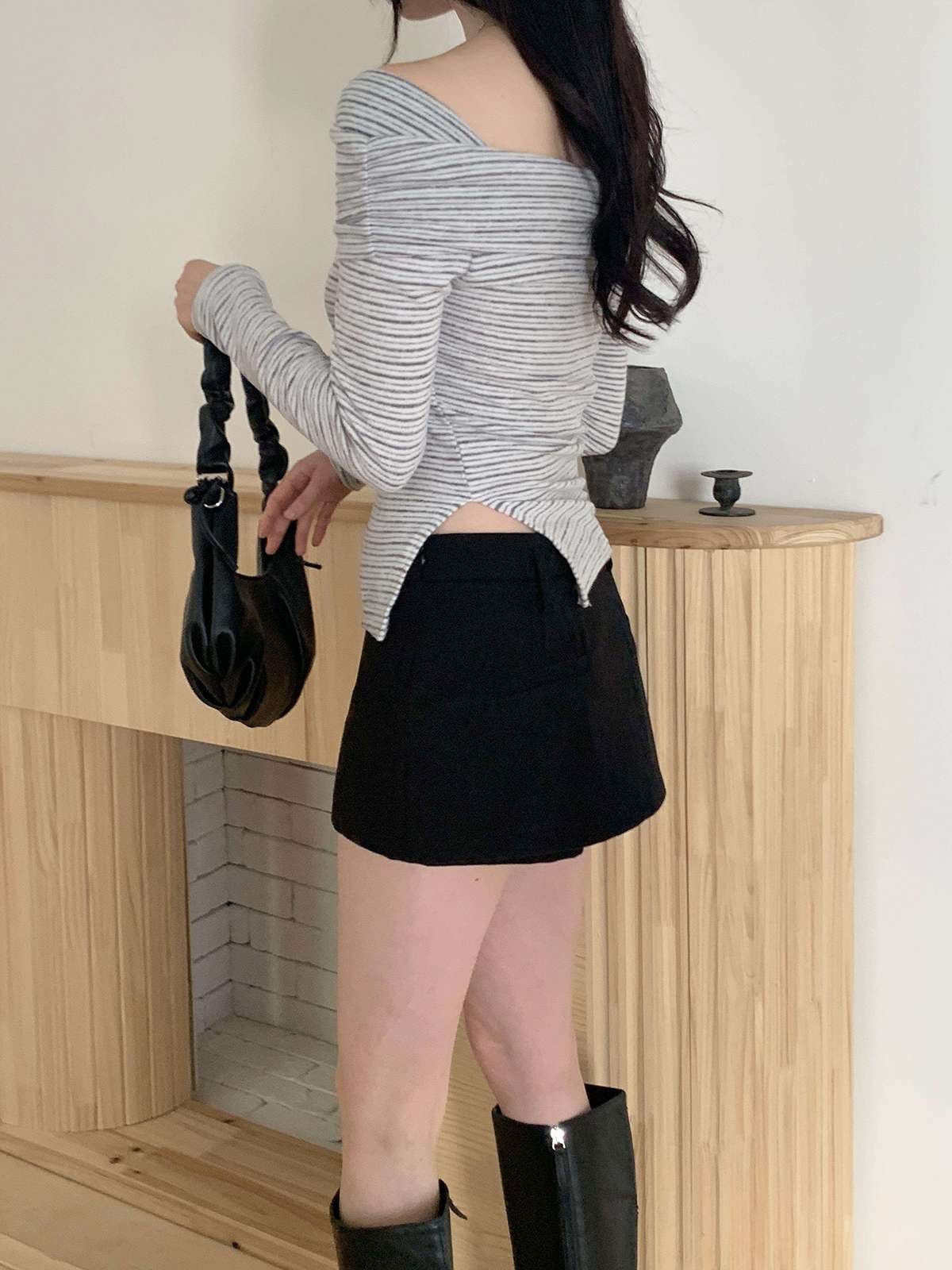 裏起毛オフショルダースリム長袖ボーダーニット | 詳細画像12