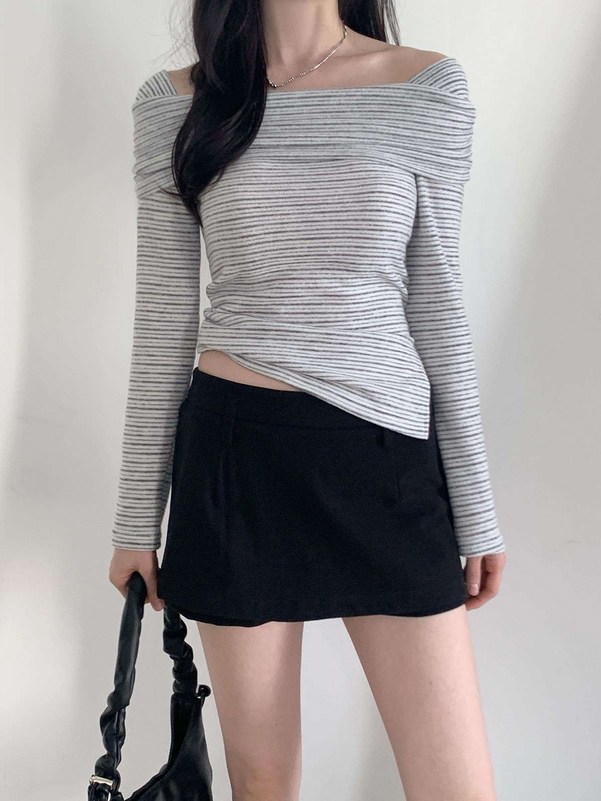 裏起毛オフショルダースリム長袖ボーダーニット | 詳細画像13