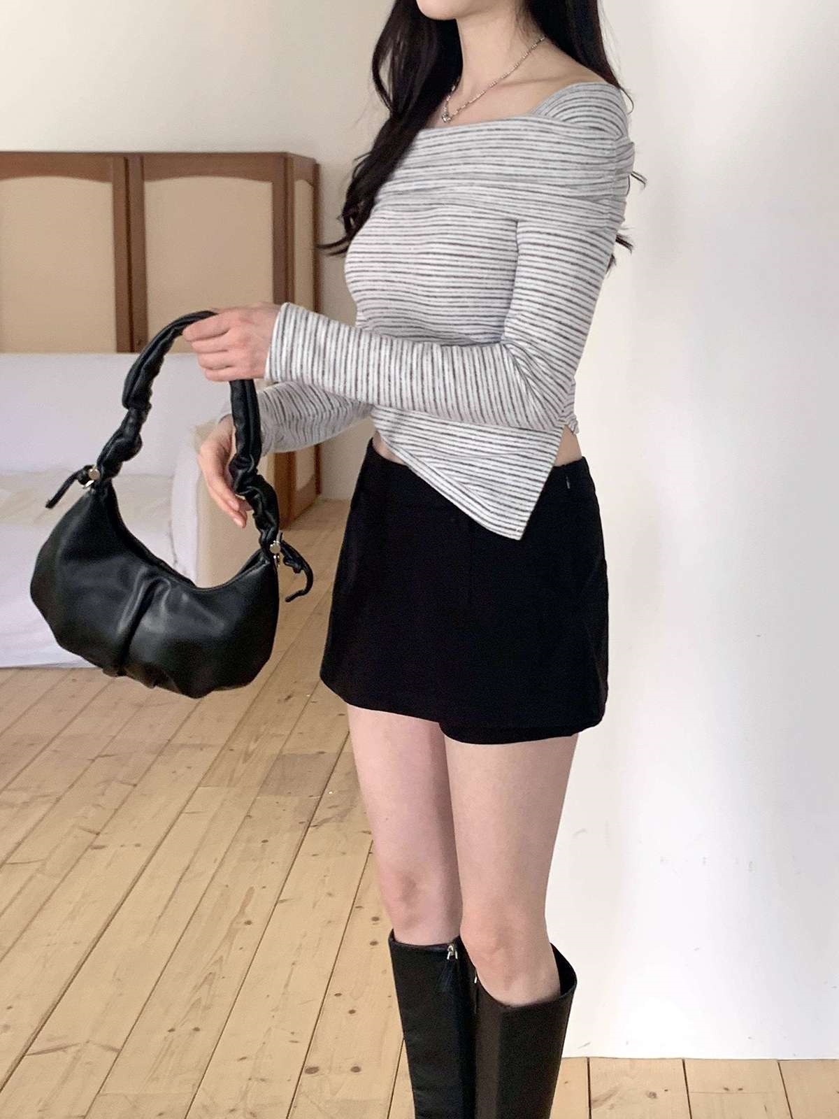 裏起毛オフショルダースリム長袖ボーダーニット | 詳細画像14