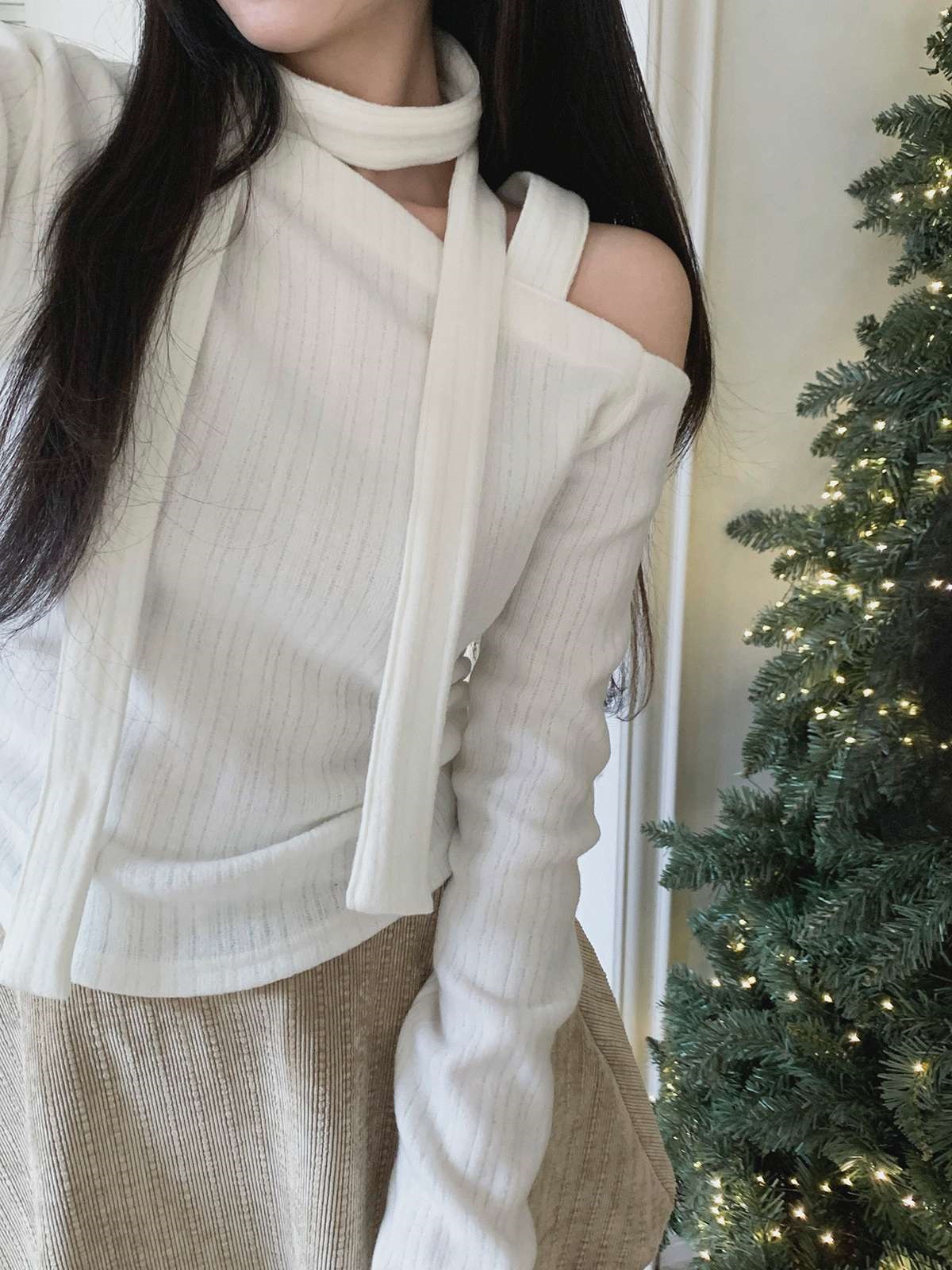 裏起毛オフショルダーワンショルダースリム長袖ニットストラップ付 | 詳細画像3