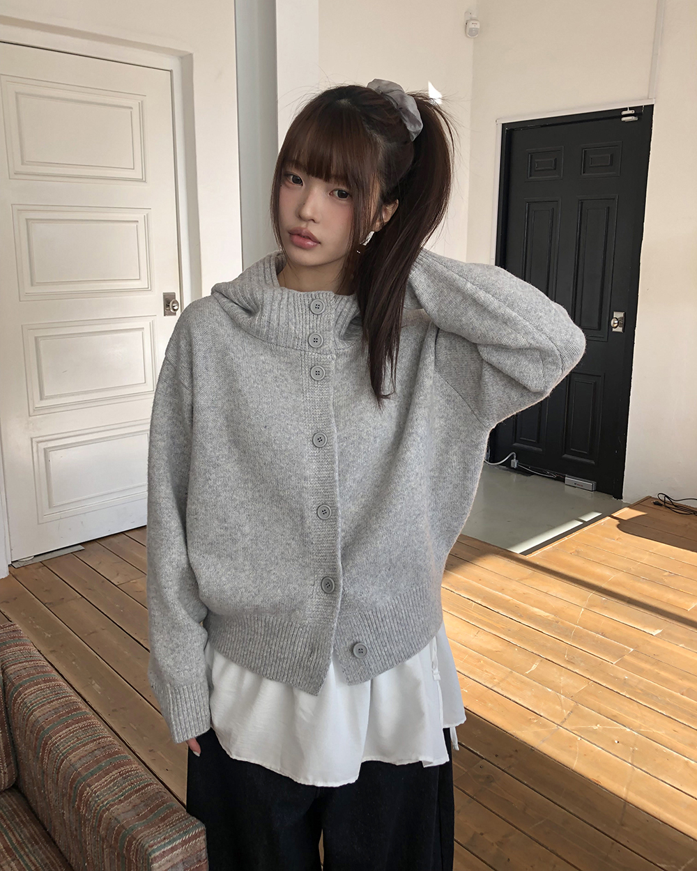 ENFOLD グレー ハイネックカーディガン 38 新品 ウール混フードハイネックボタン長袖カラーカーディガン | レディース