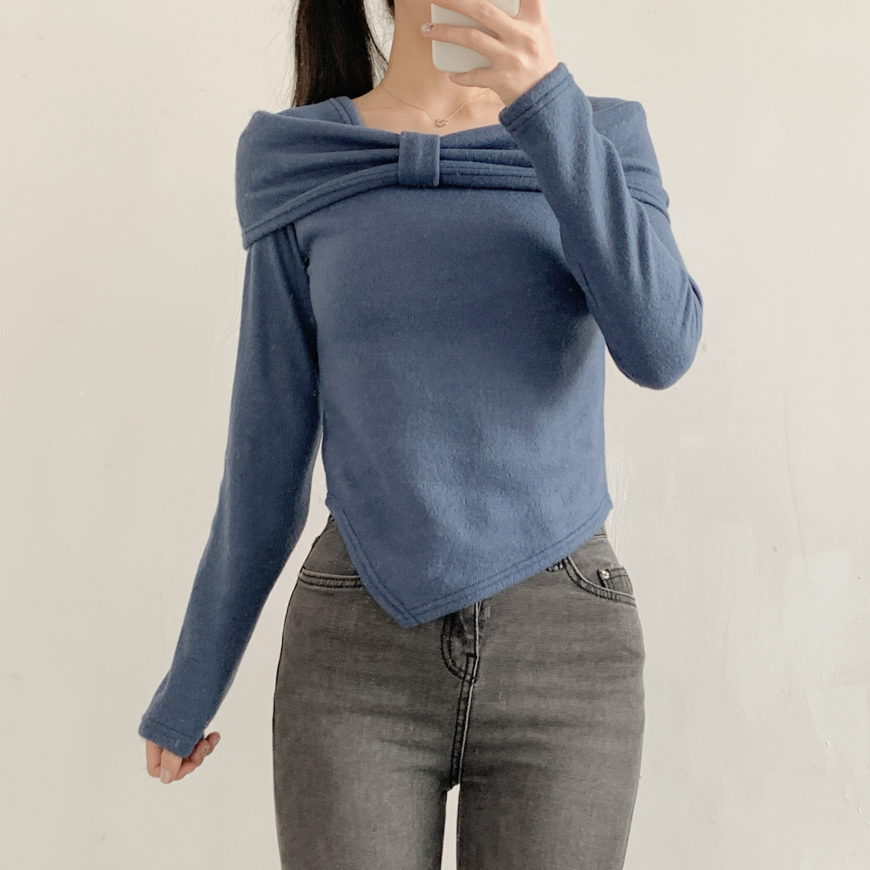 裏起毛オフショルダースリム長袖カラーTシャツ | 詳細画像2