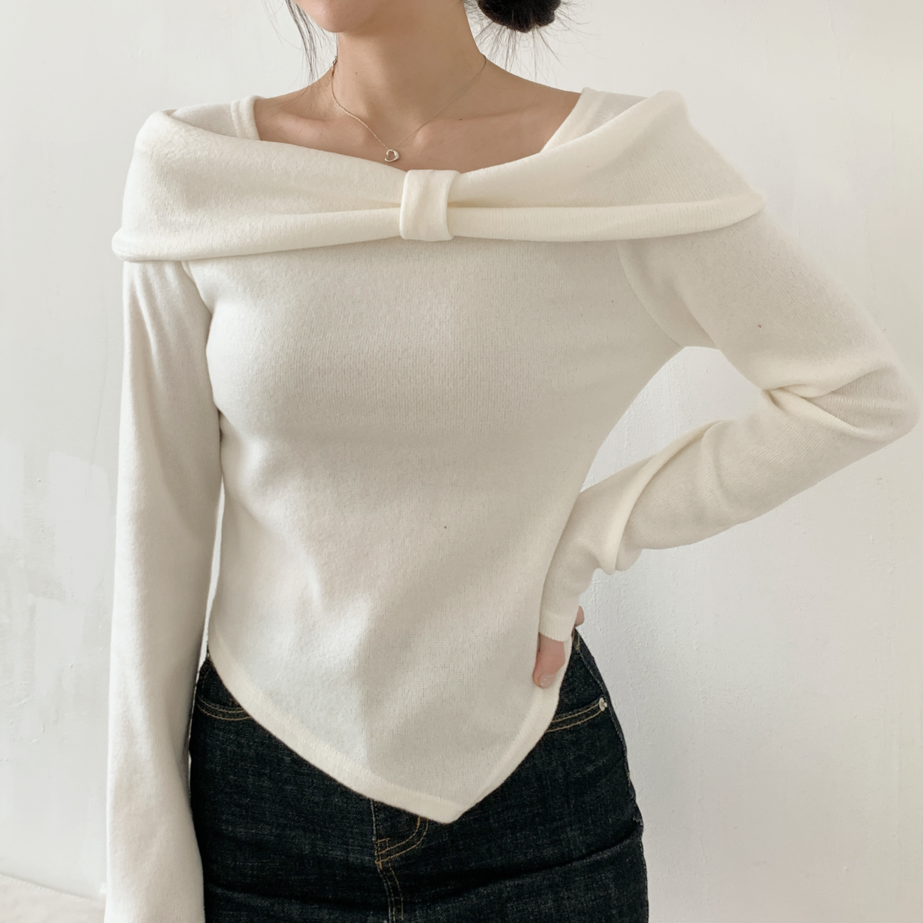 裏起毛オフショルダースリム長袖カラーTシャツ | 詳細画像3
