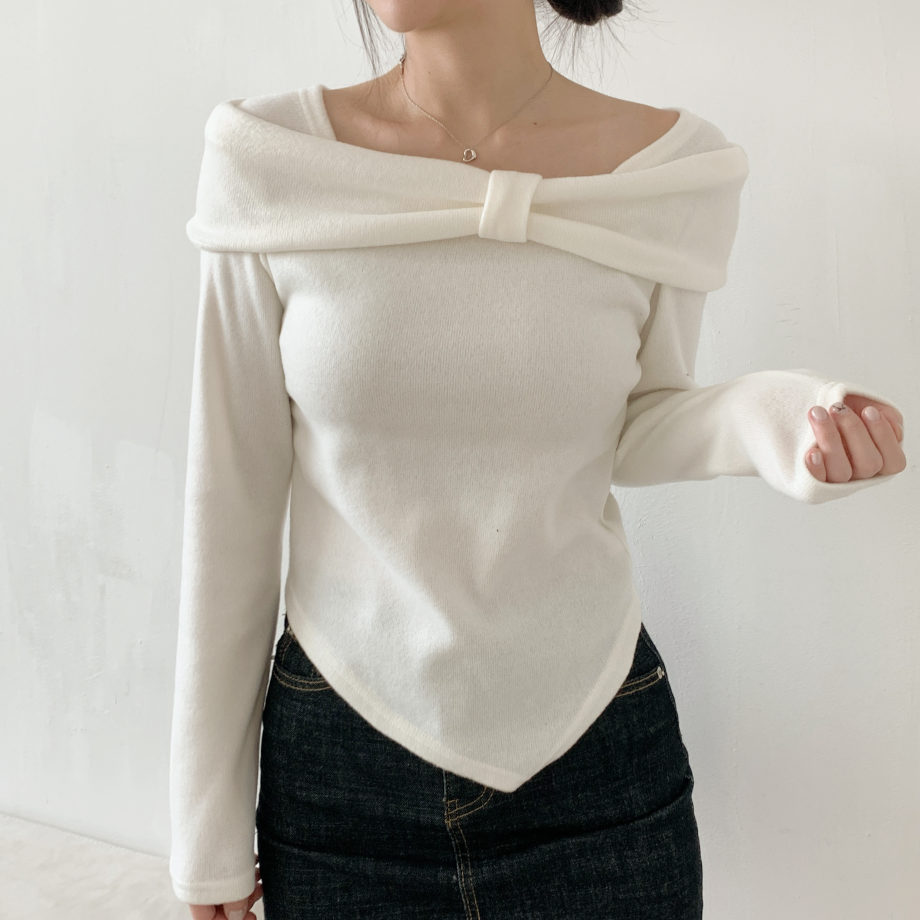 裏起毛オフショルダースリム長袖カラーTシャツ | 詳細画像4