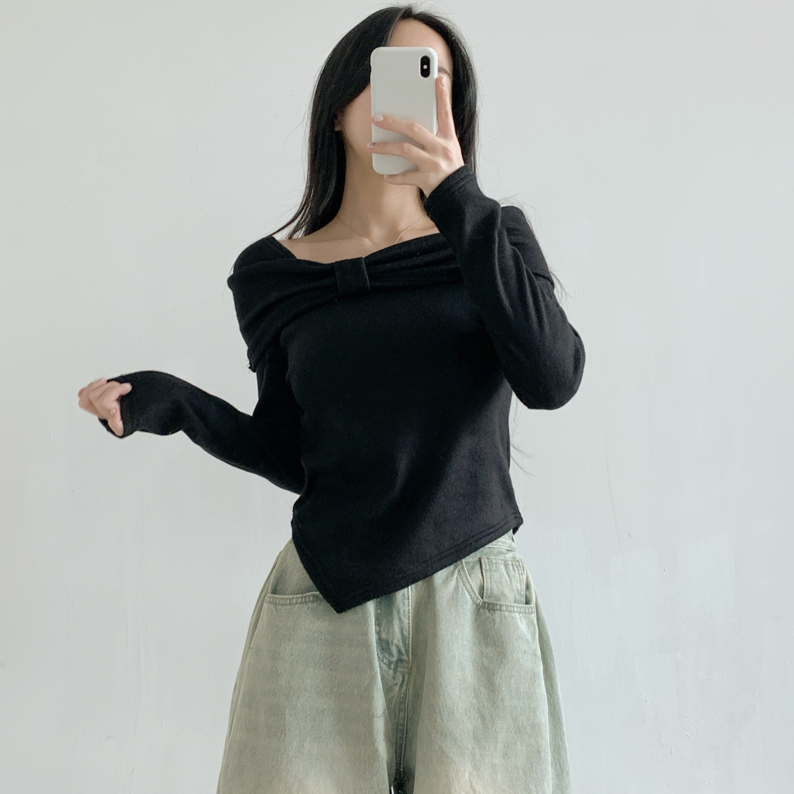 裏起毛オフショルダースリム長袖カラーTシャツ | 詳細画像6