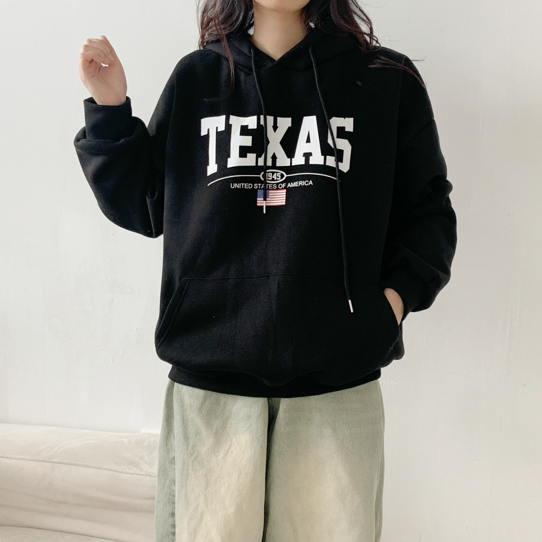 裏起毛フードドローストリングオーバーサイズカンガルーポケットプリントパーカー | 詳細画像2