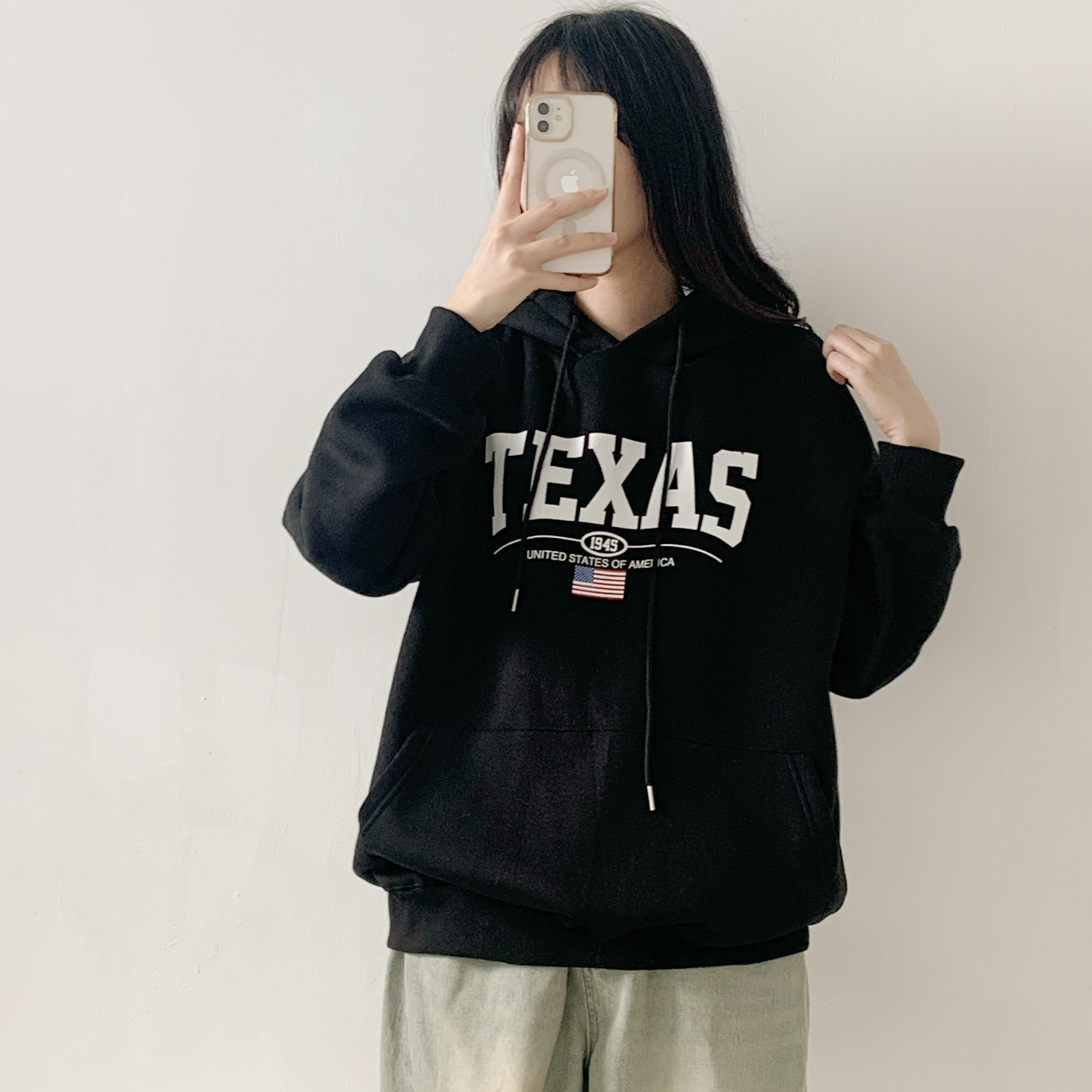 裏起毛フードドローストリングオーバーサイズカンガルーポケットプリントパーカー | 詳細画像11