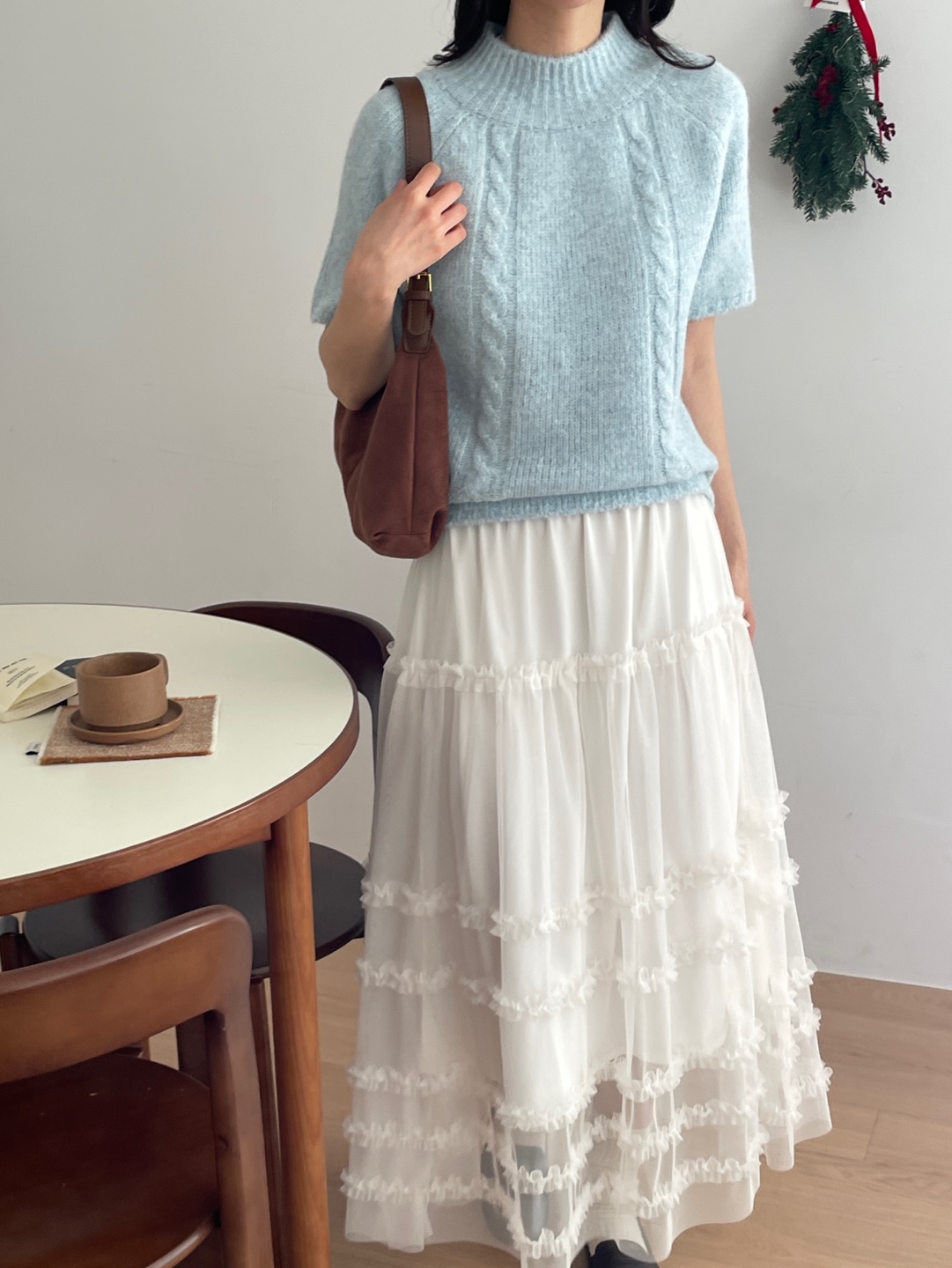 ウール混ハーフネックオーバーサイズ半袖ケーブルカラーニット | 詳細画像14