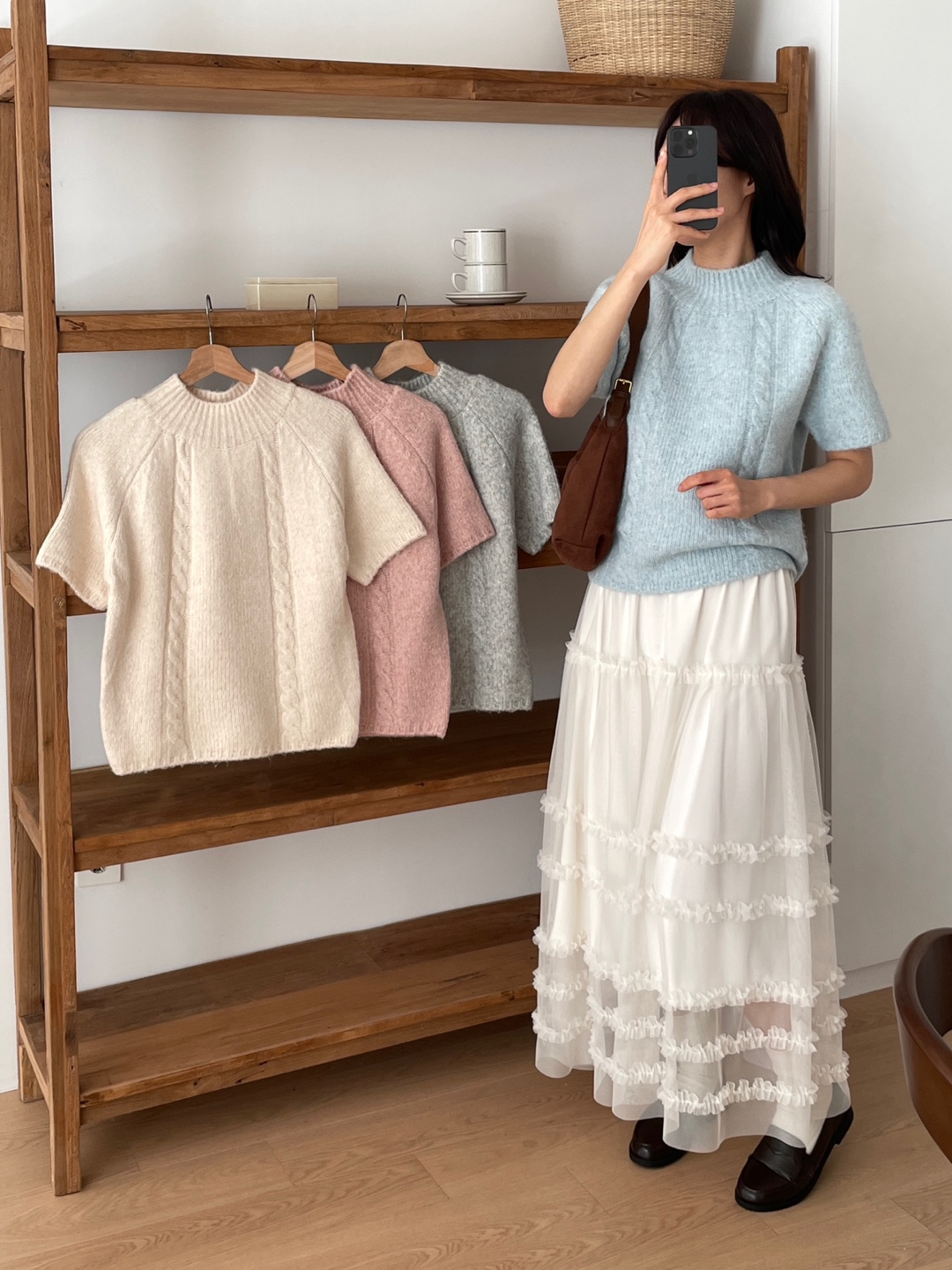 ウール混ハーフネックオーバーサイズ半袖ケーブルカラーニット | 詳細画像11