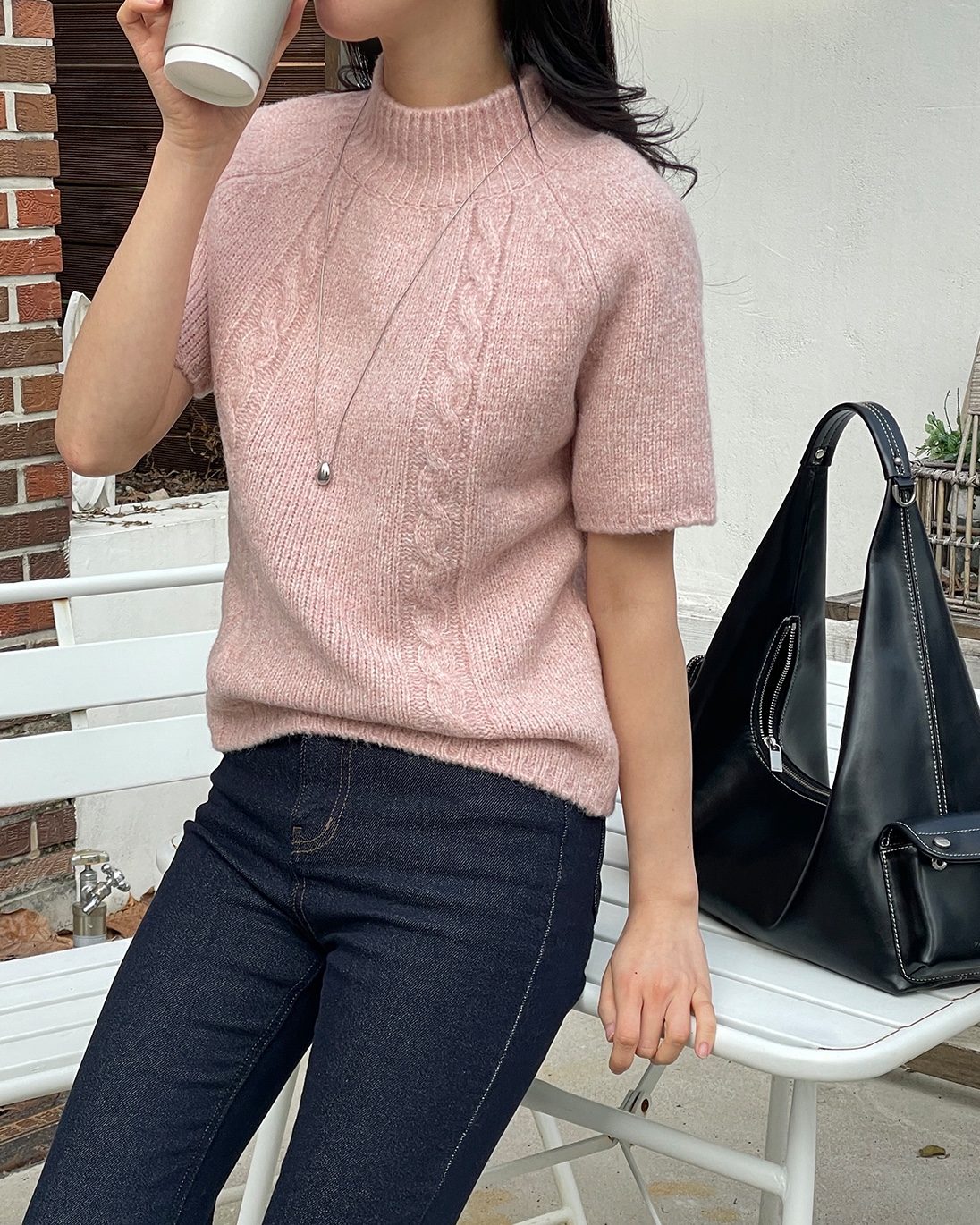 ウール混ハーフネックオーバーサイズ半袖ケーブルカラーニット | 詳細画像6