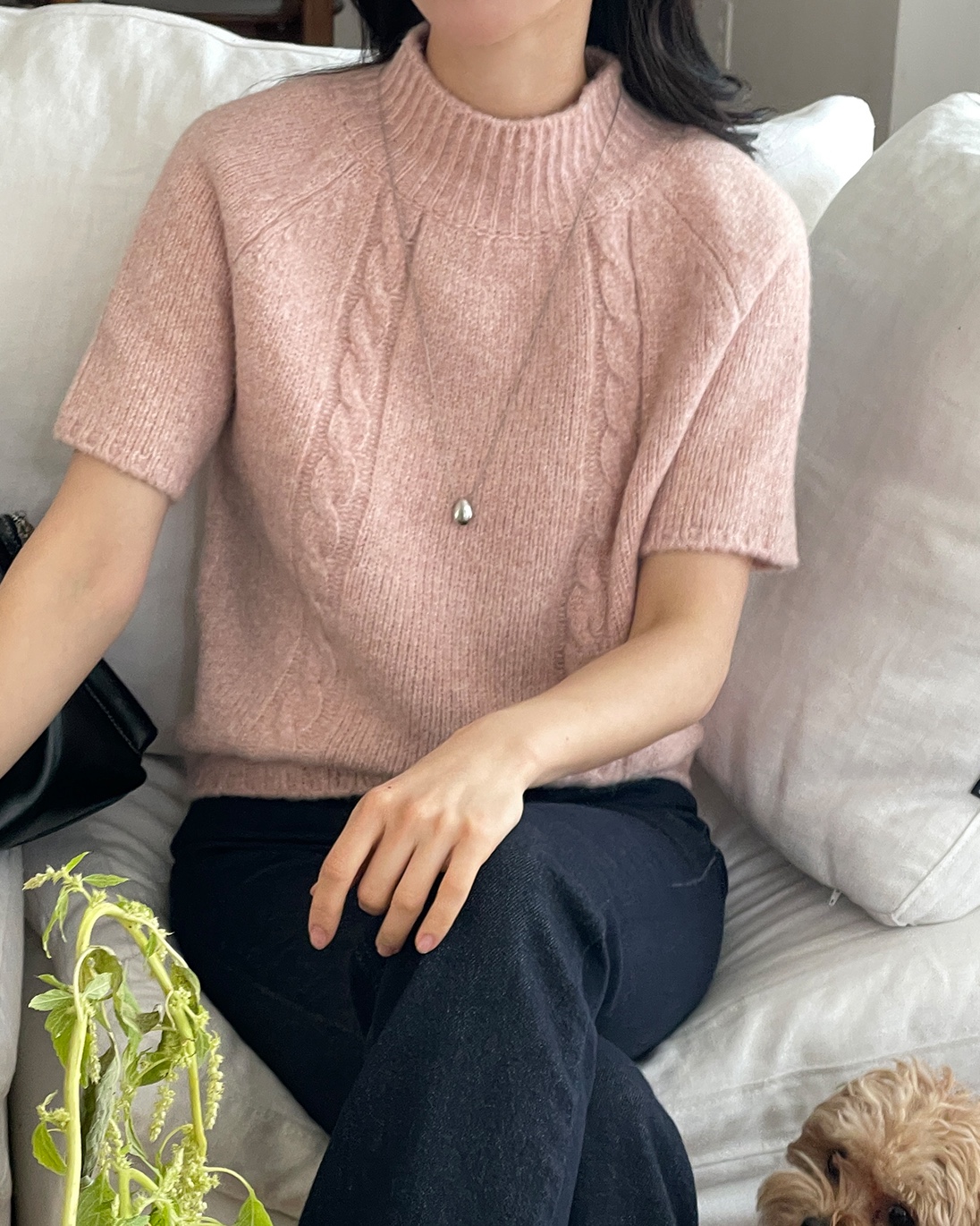 ウール混ハーフネックオーバーサイズ半袖ケーブルカラーニット | 詳細画像7