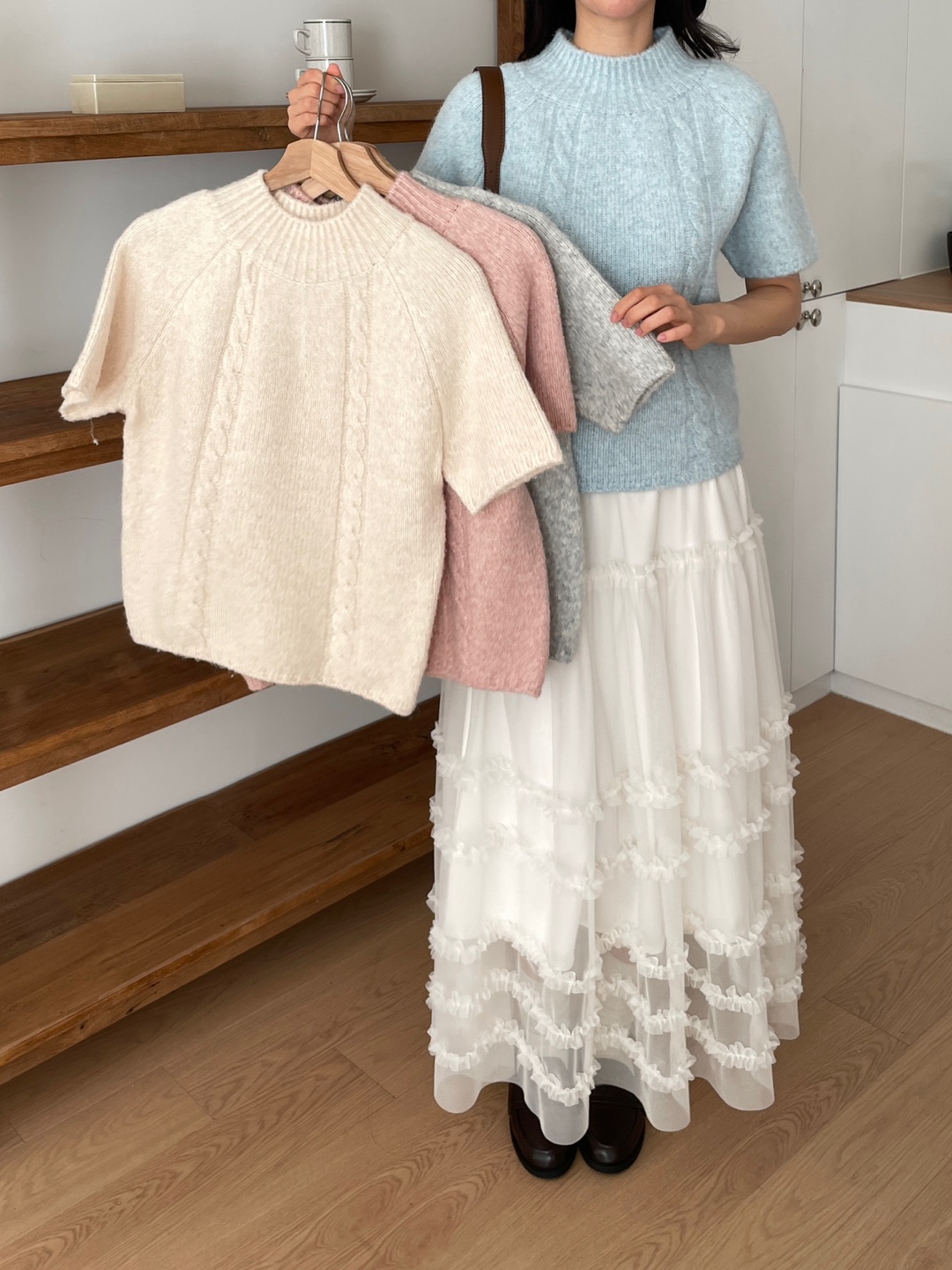 ウール混ハーフネックオーバーサイズ半袖ケーブルカラーニット | 詳細画像3