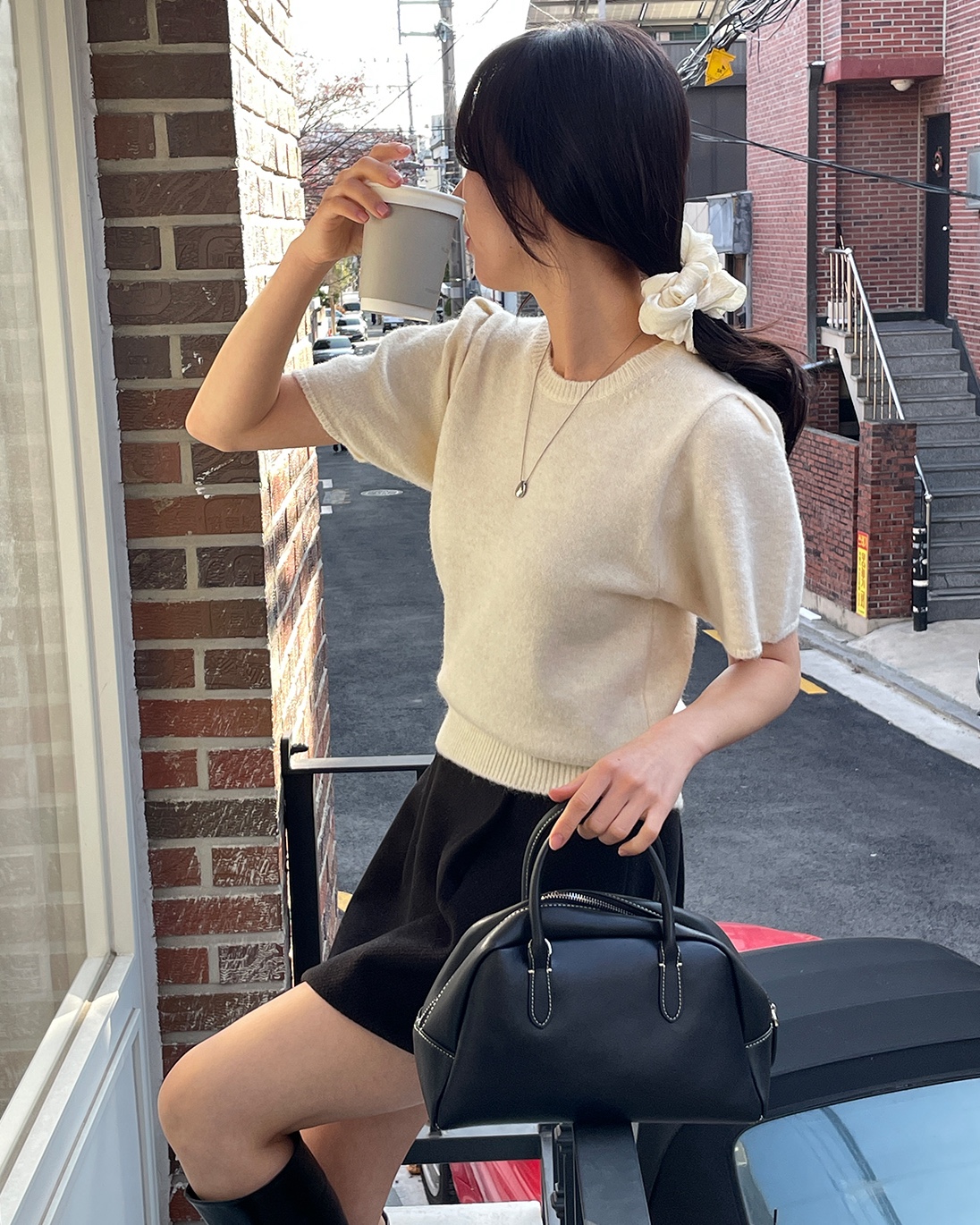 ラウンドネックパフスリーブ半袖無地カラーニット | 詳細画像2